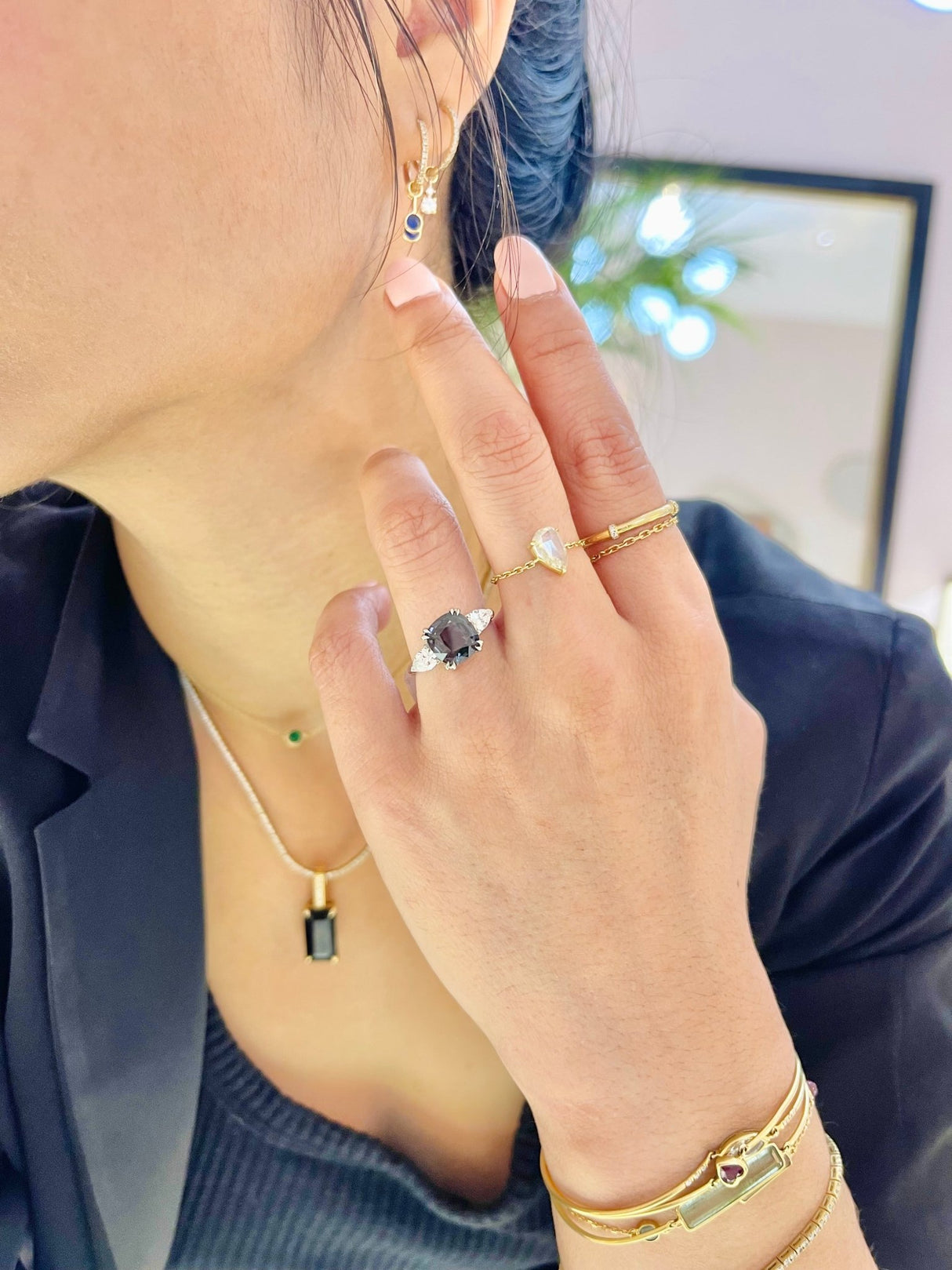 Grey Spinel & Diamond Forever Love Ring 18k gold engagement ring on model