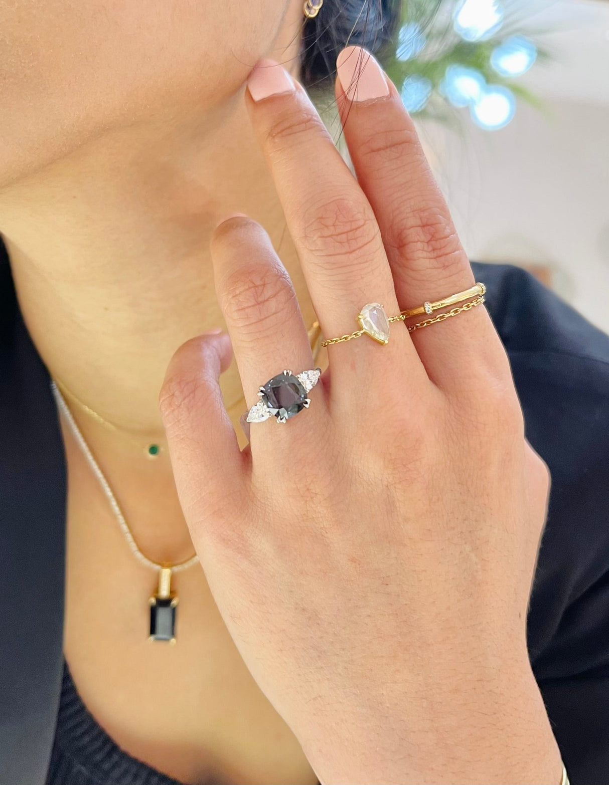 Grey Spinel & Diamond Forever Love Ring 18k gold engagement ring on model