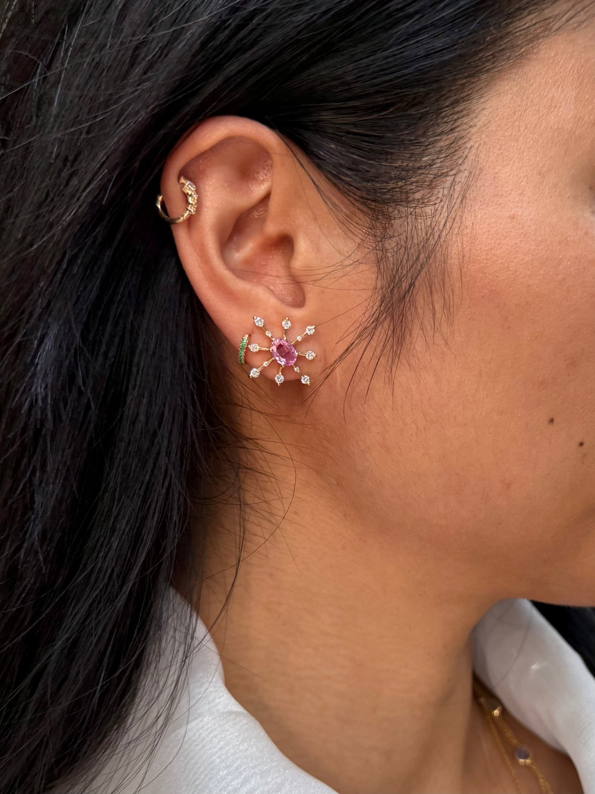 Oval Pink Sapphire & Diamond Starburst Earrings