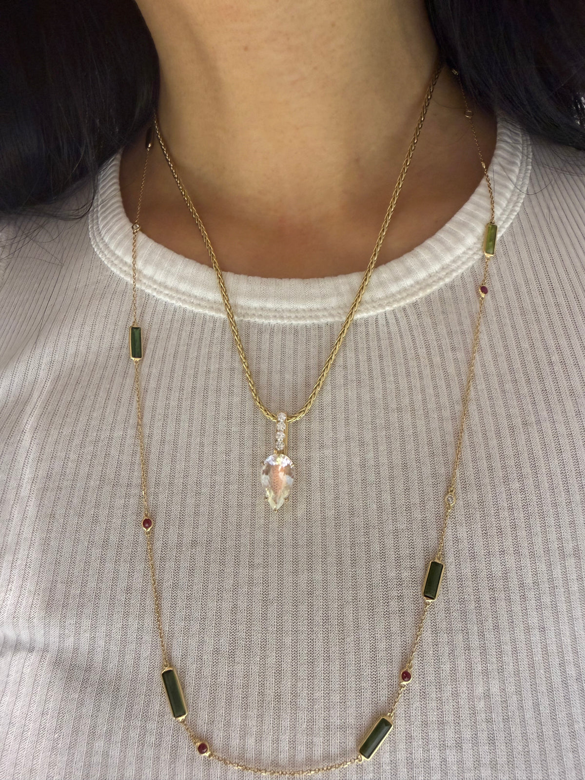 Rainbow Moonstone & Diamond Dewdrop Supreme Pendant Necklace