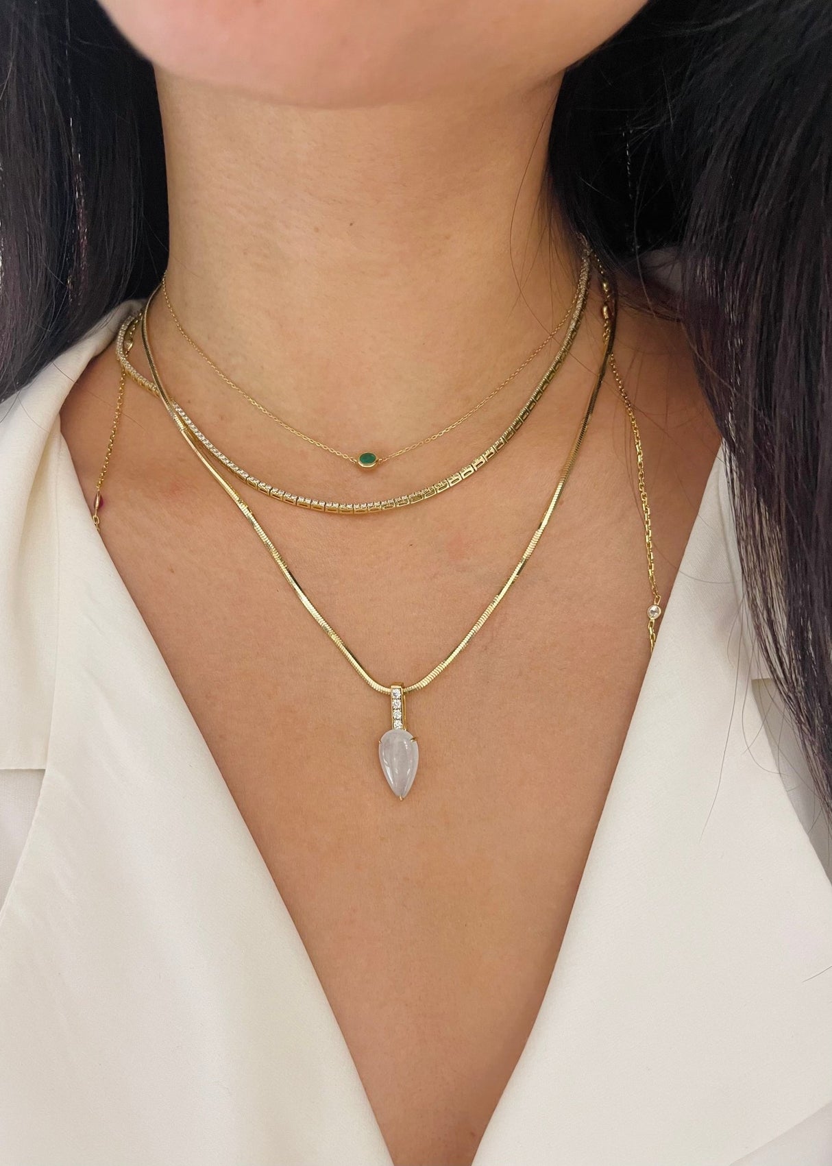 Ice Jadeite & Diamond Snow On Water Pendant Necklace 18k handmade fine jewelry on model