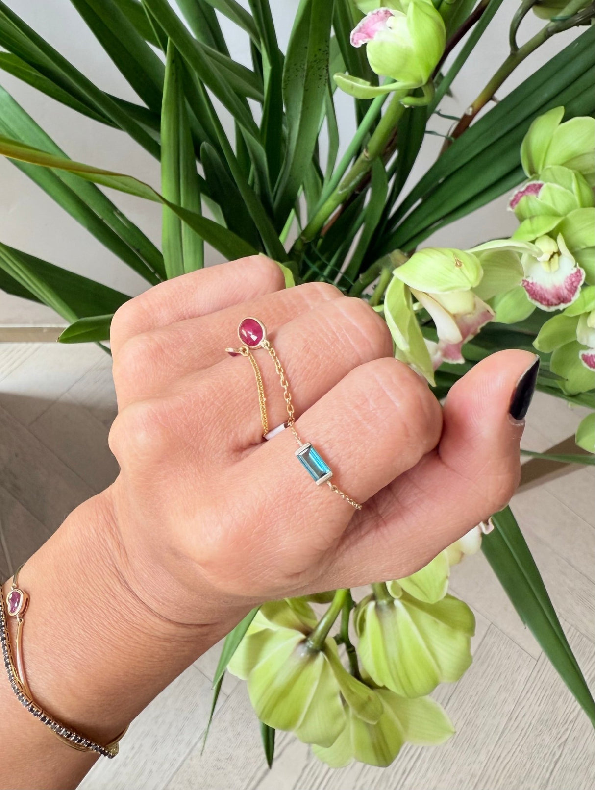 Indicolite Bar Chain Ring 14k gold Stackable ring on hand