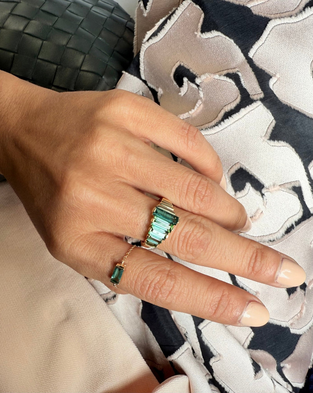 Indicolite & Green Tourmaline Crescendo Ring 18k gold Stackable ring on model