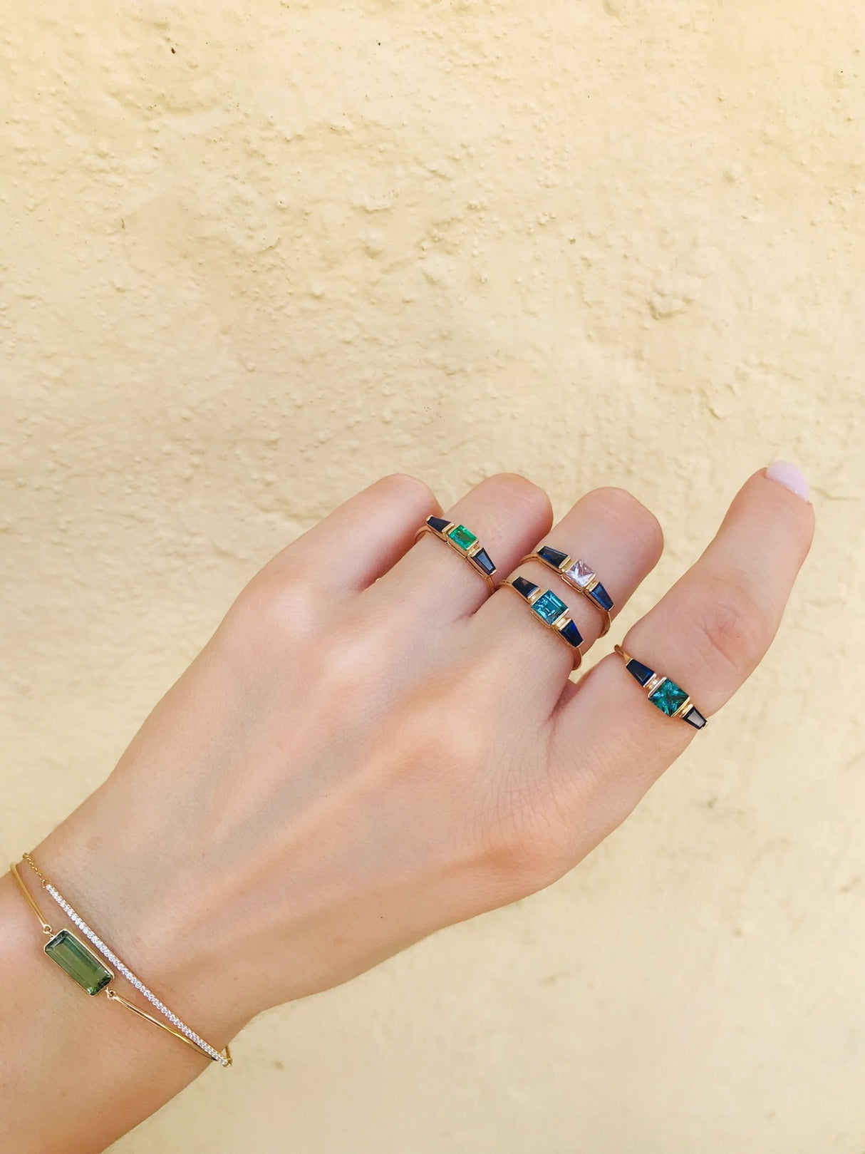 Indicolite Tourmaline & Sapphire Triplet Ring 18k gold Stackable ring on hand