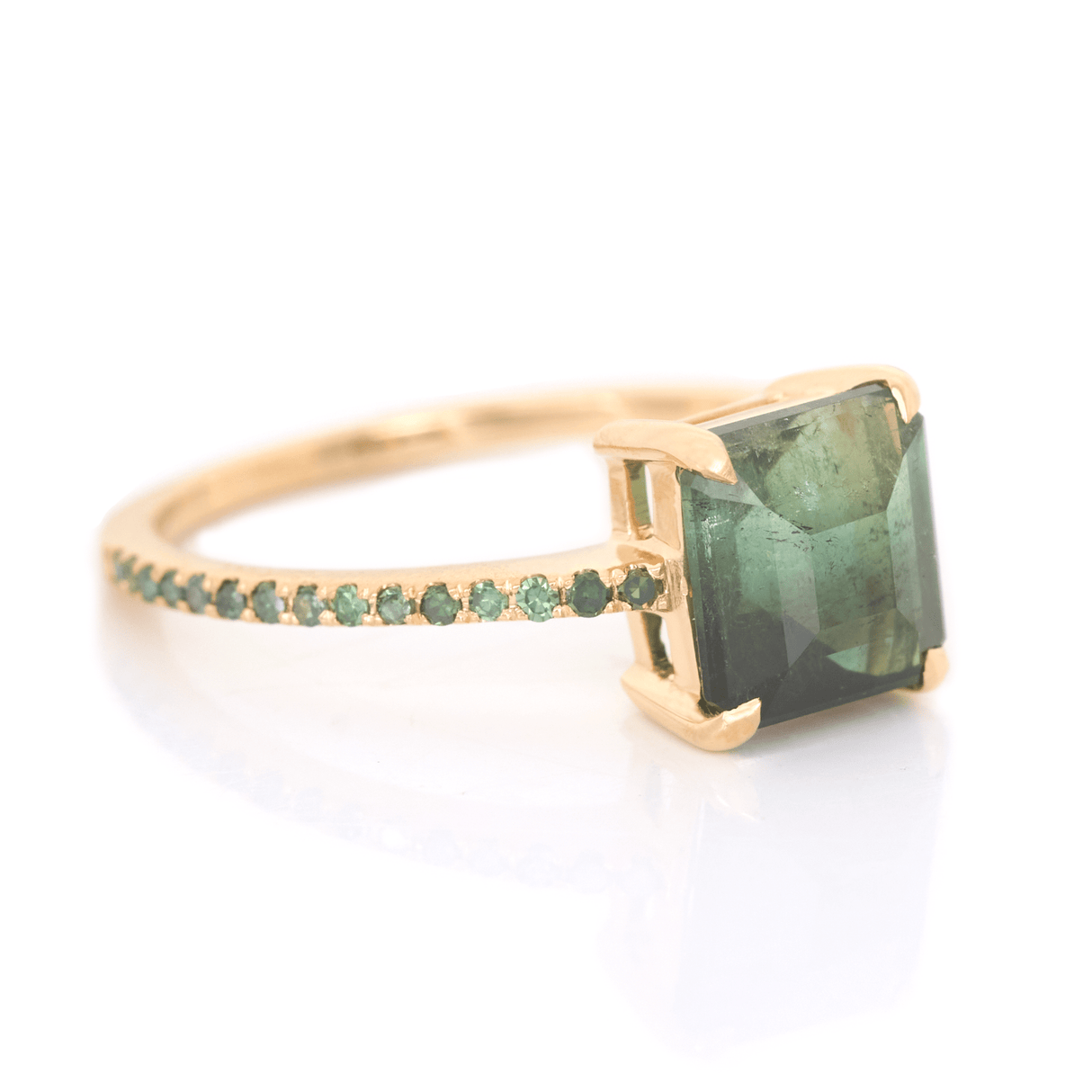 Indicolite Watermelon Tourmaline & Green Diamond Raven Bar Ring 18K Gold Engagement Ring-2