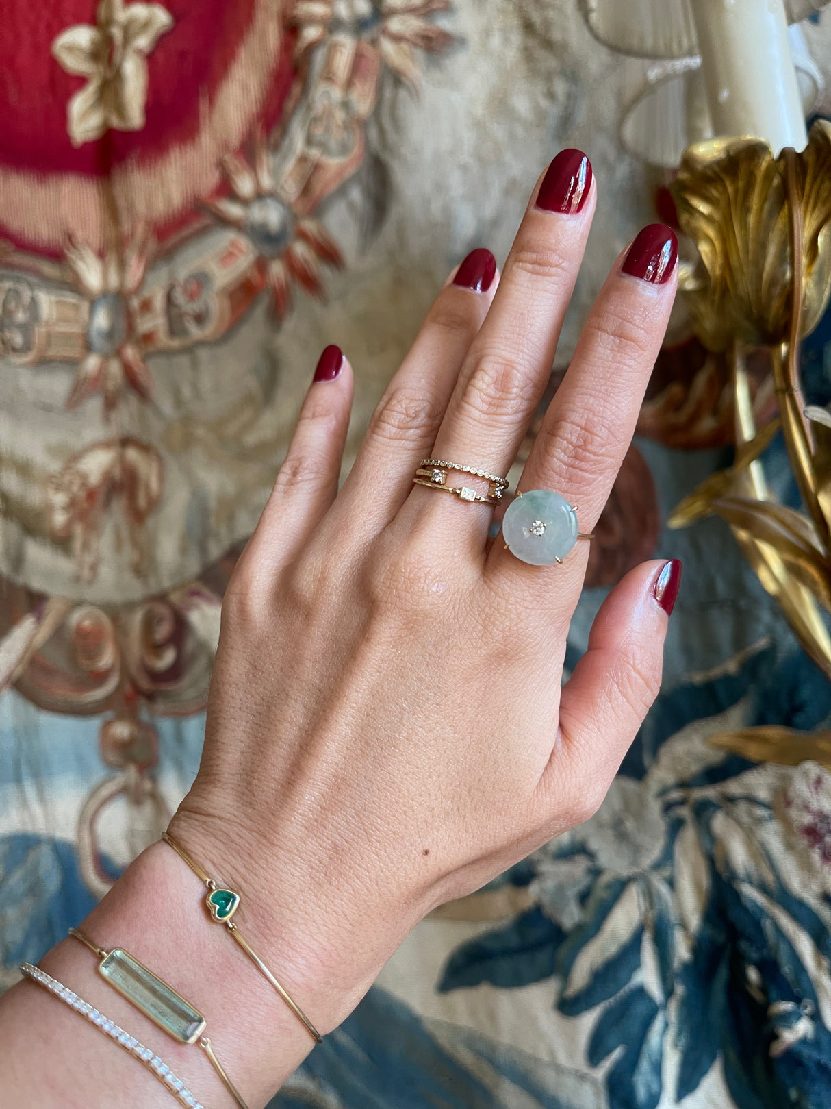 Jade & Diamond Spin Ring 18k gold stackable ring on model