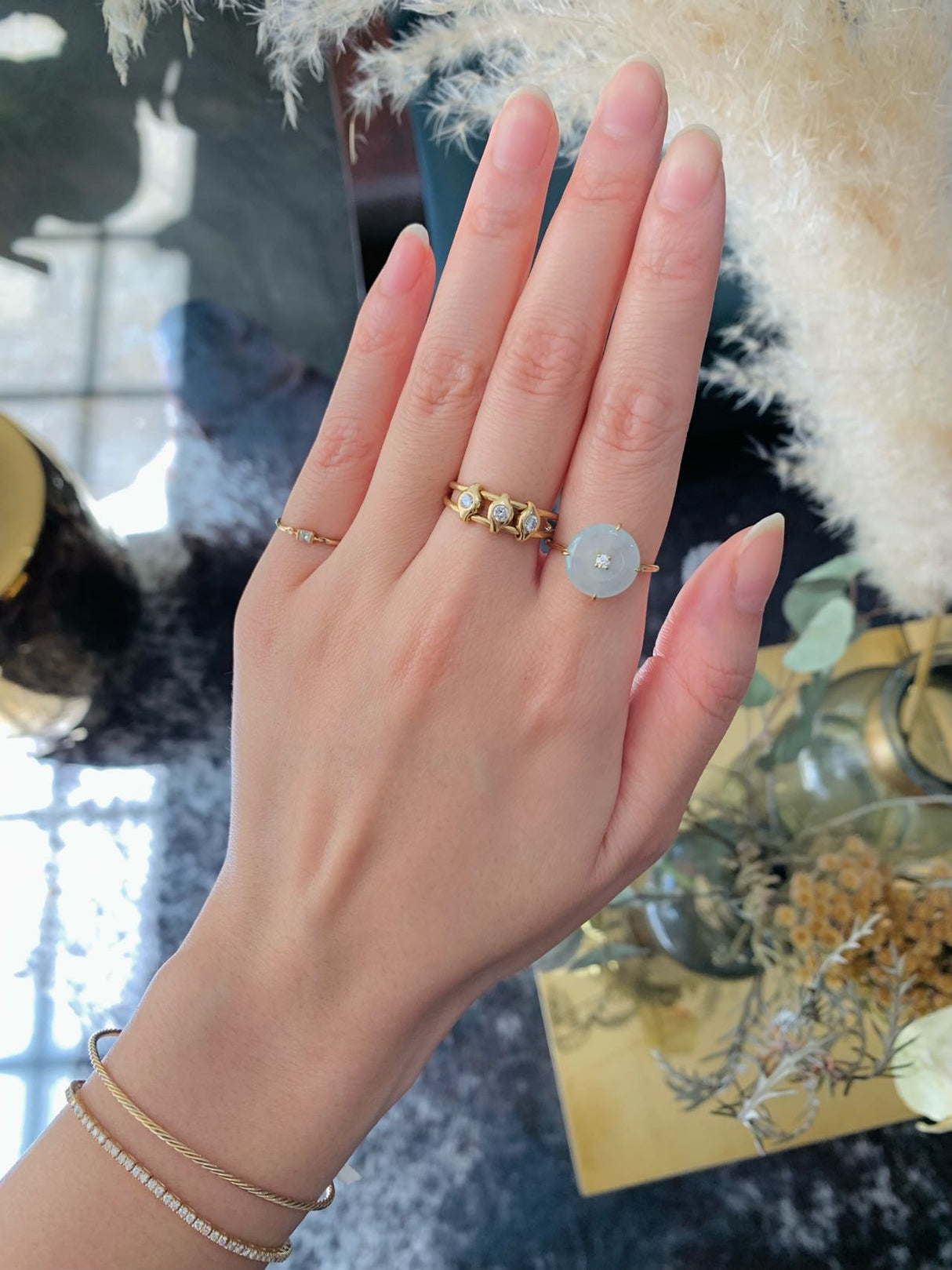 Jade & Diamond Spin Ring 18k gold stackable ring on model 3