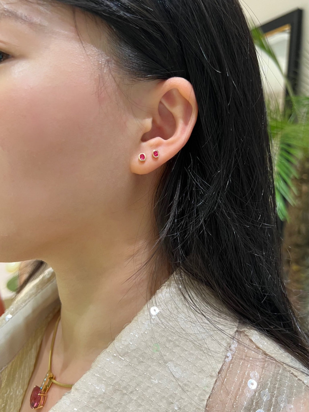 Jedi Pink Spinel Earring on model 2