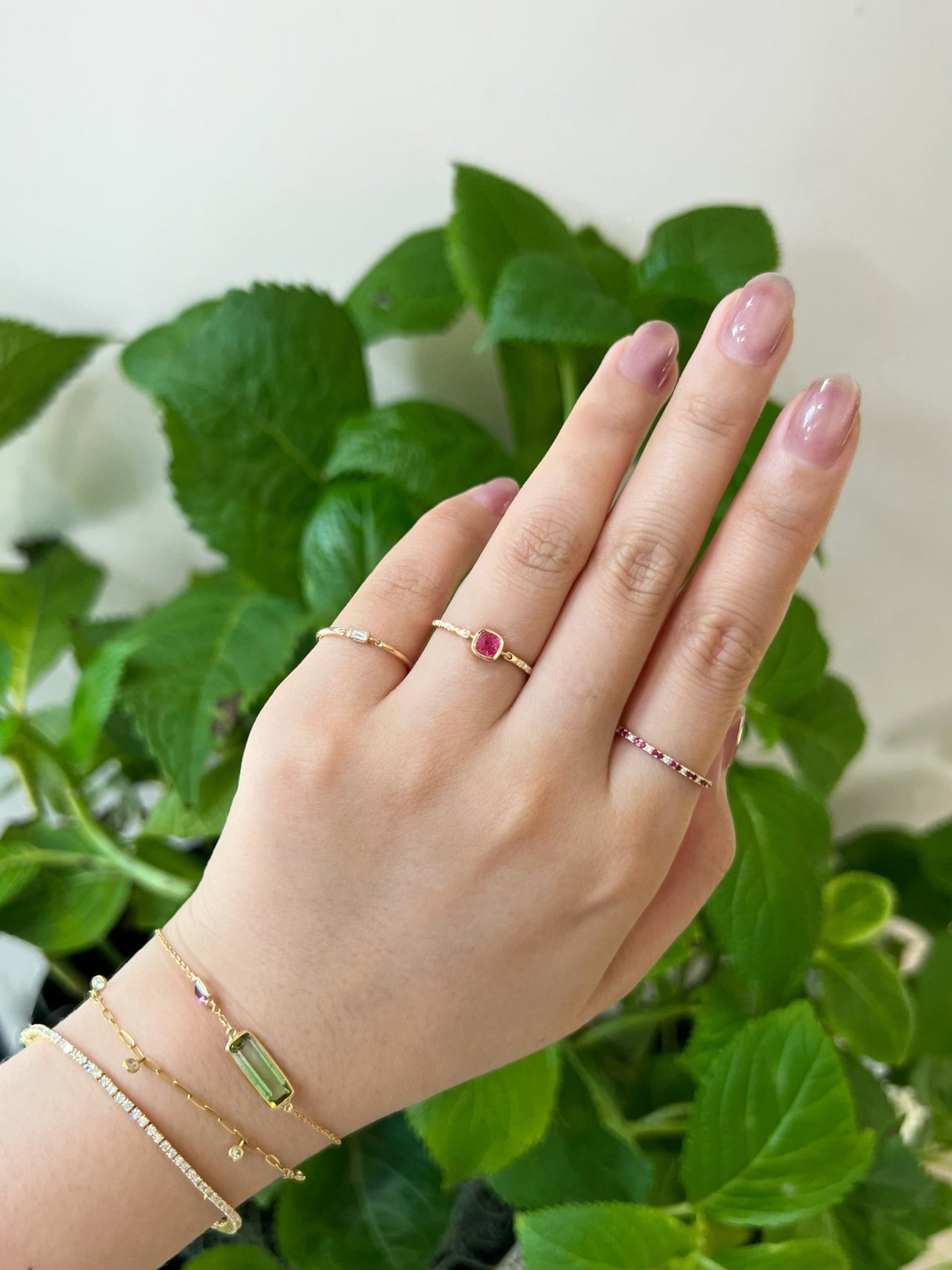 Jedi Spinel Petite Circle Diamond Ring 18k gold stackable ring on model 2