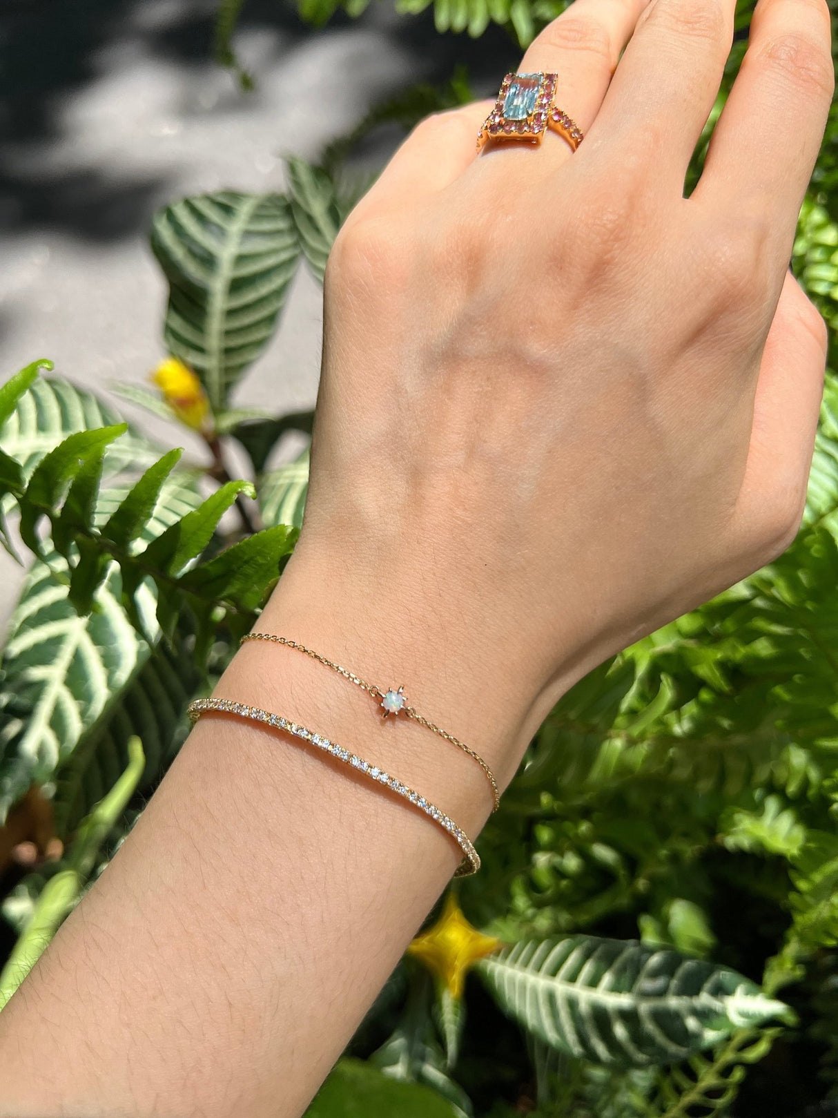 June Birthstone Opal Bracelet 14k gold stackable design on model