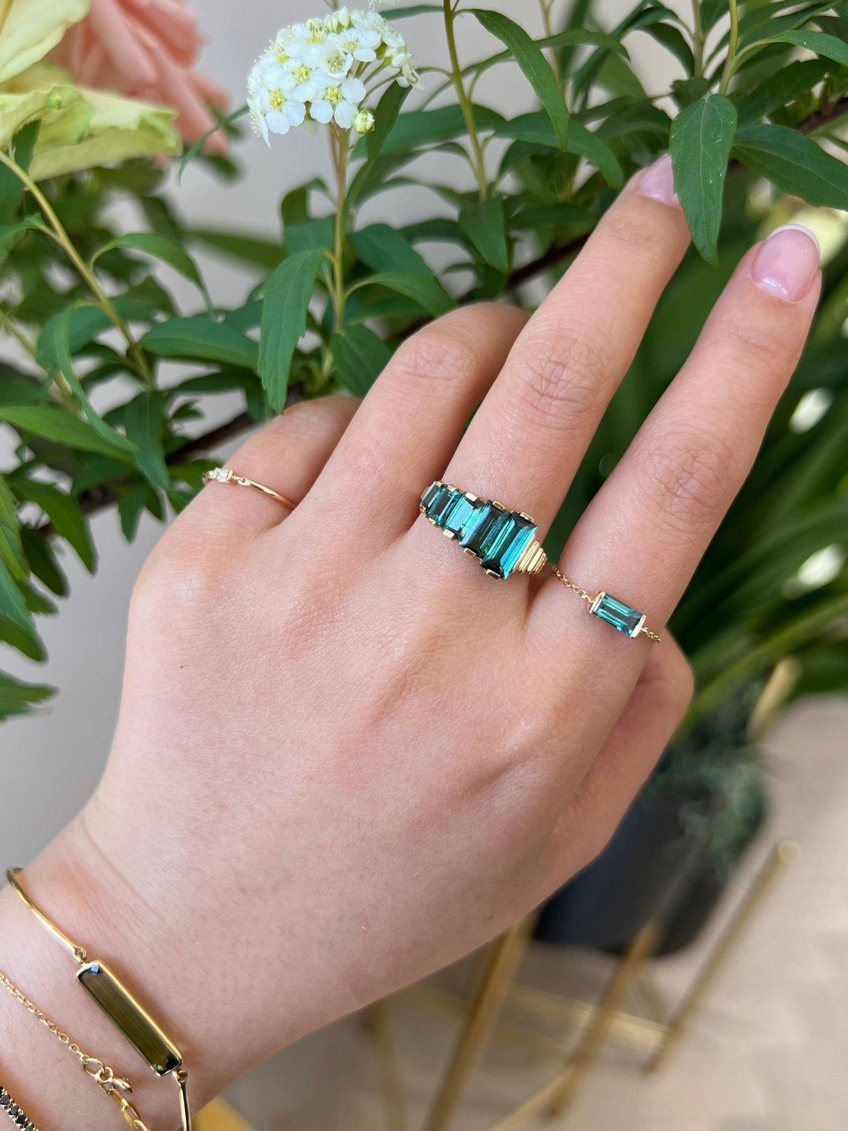 Lagoon Tourmaline Crescendo Ring 18k gold engagement ring on model