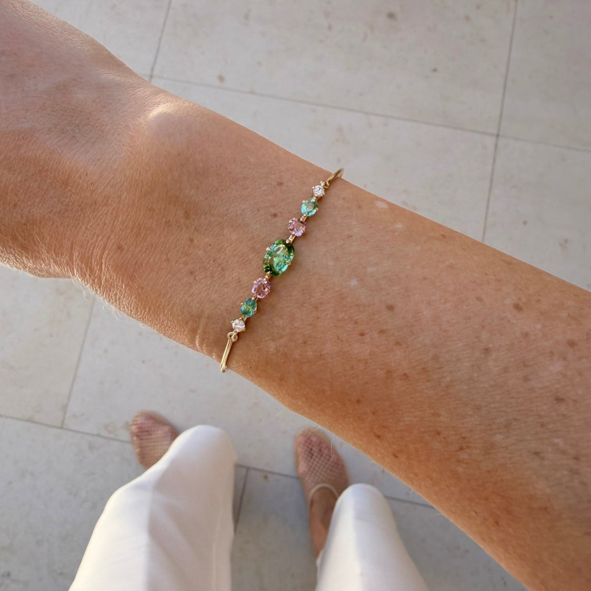 Lagoon Tourmaline,Spinel & Diamond Compass Bangle 18k gold Stackable design on model