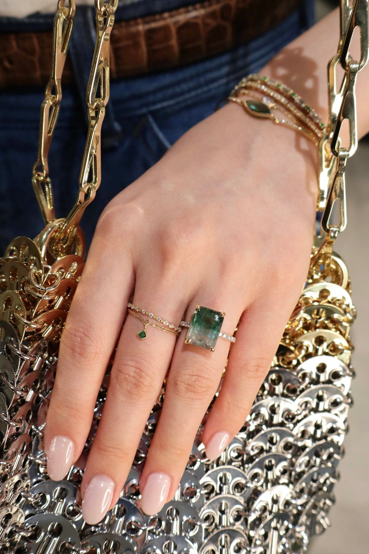 Lagoon Watermelon Tourmaline & Diamond Vivant Ring 18k gold stackable ring on model