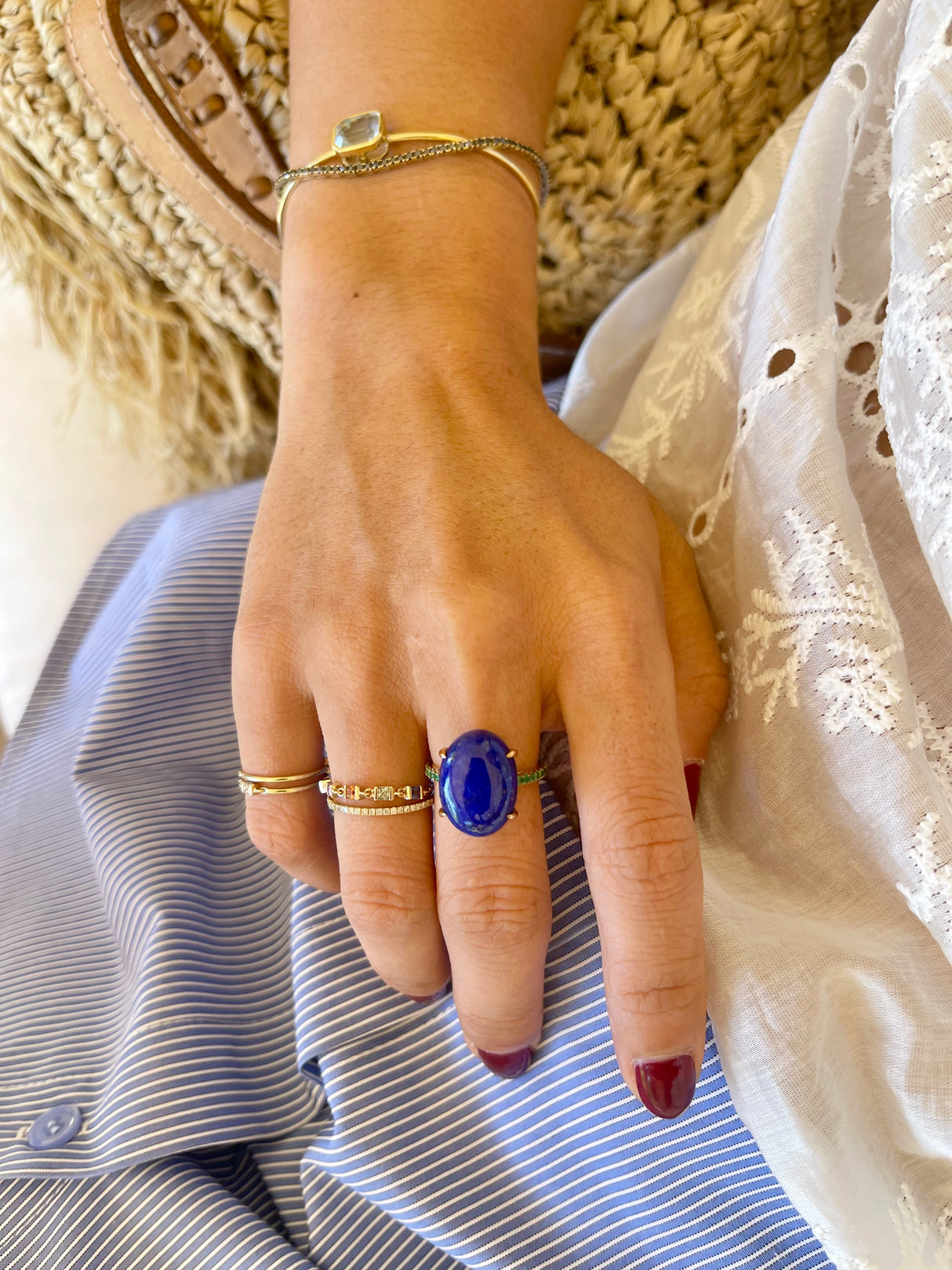 Lapis & Emerald Globe Ring 9k gold stackable ring on model