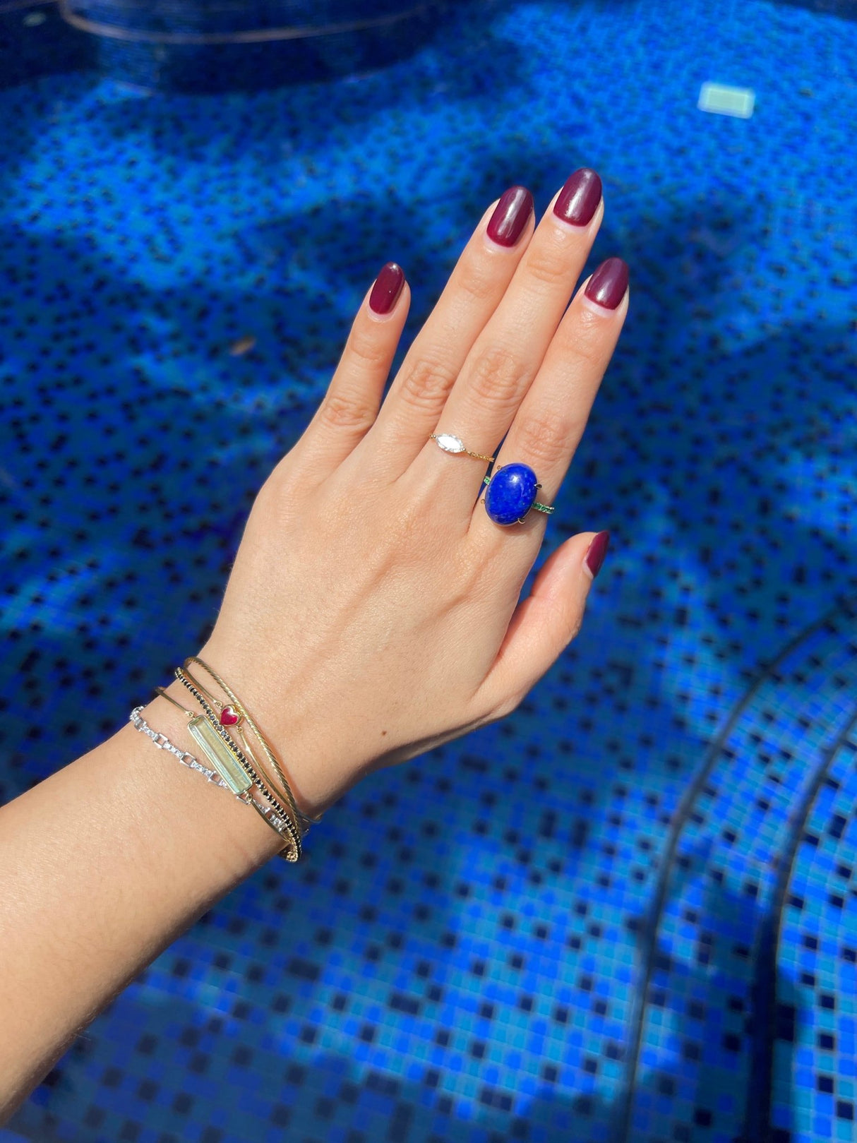 Lapis & Emerald Globe Ring 9k gold stackable ring on model 2