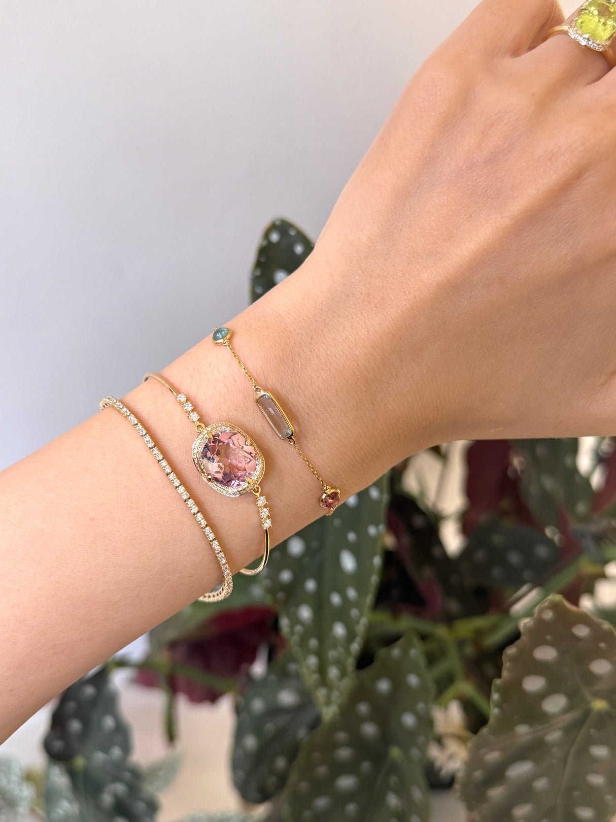 Light Pink Tourmaline Aurora Bangle 18K Gold Stackable Design on model
