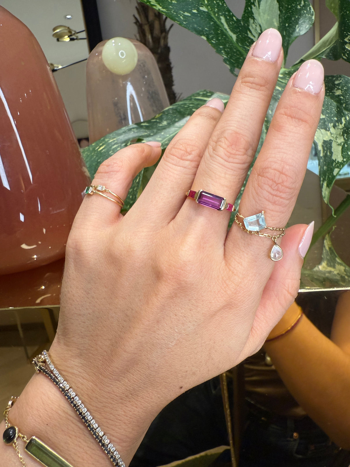 Magenta Sapphire & Ruby East West Bar Ring 18k gold Stackable ring on model