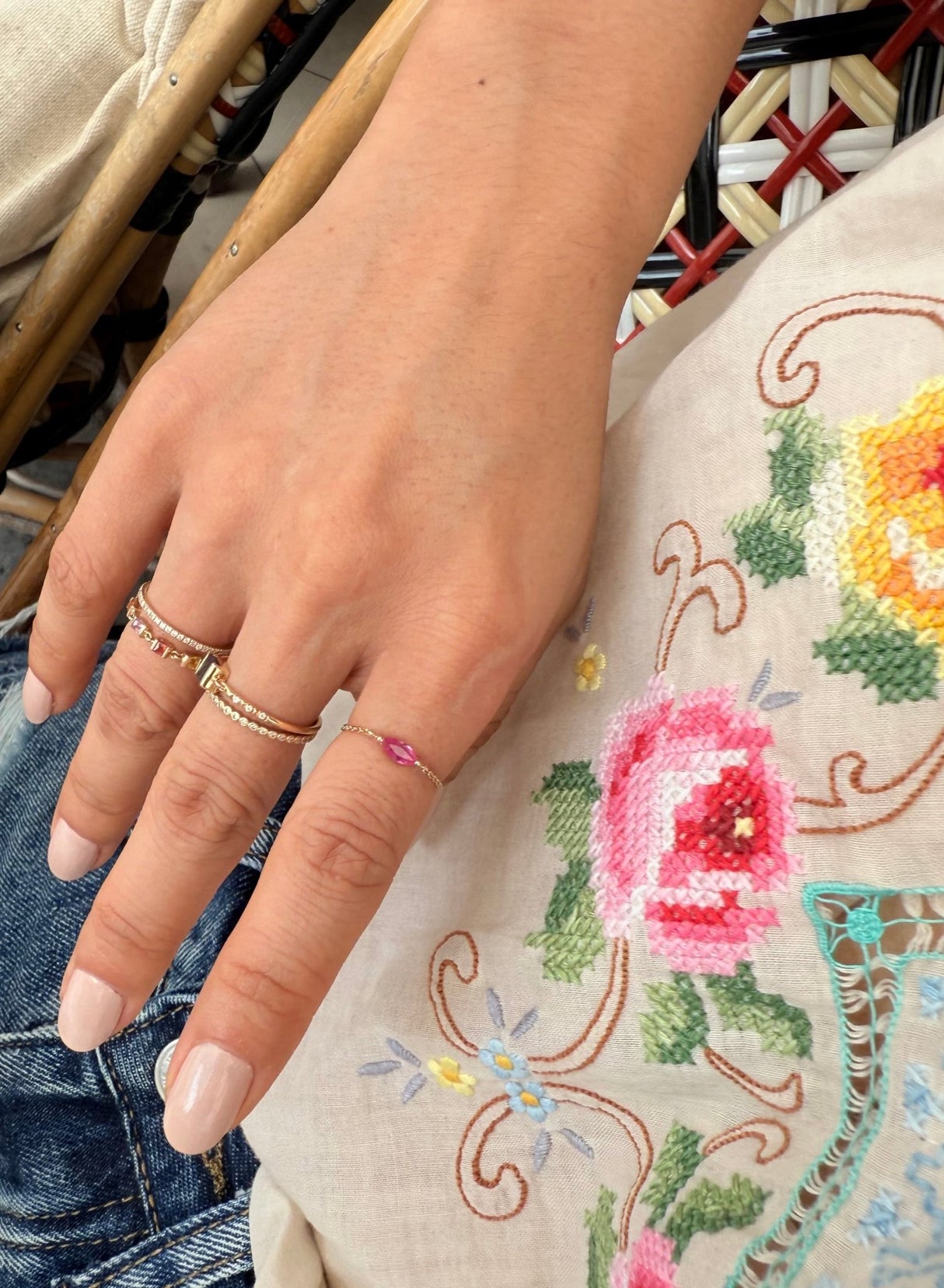 Magenta Sapphire marquise Chain Ring 14k gold Stackable ring on model