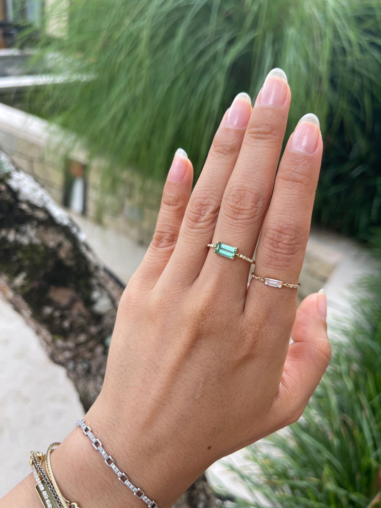 Mint Tourmaline Petite Circle Diamond Ring 18k gold stackable ring on model