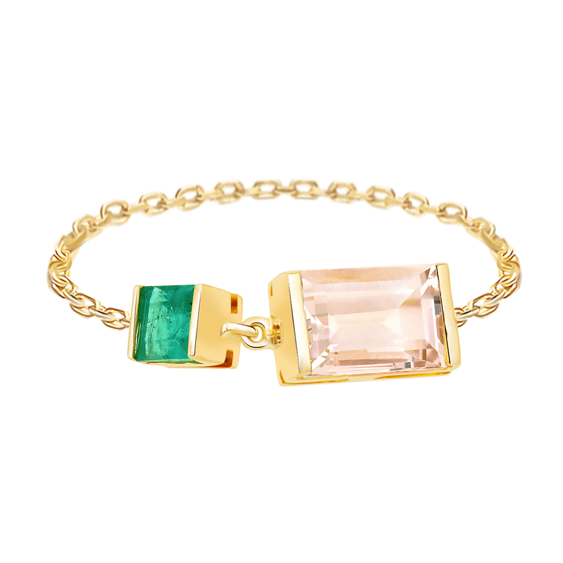 Morganite & Emerald Chain Ring 18k gold Stackable ring