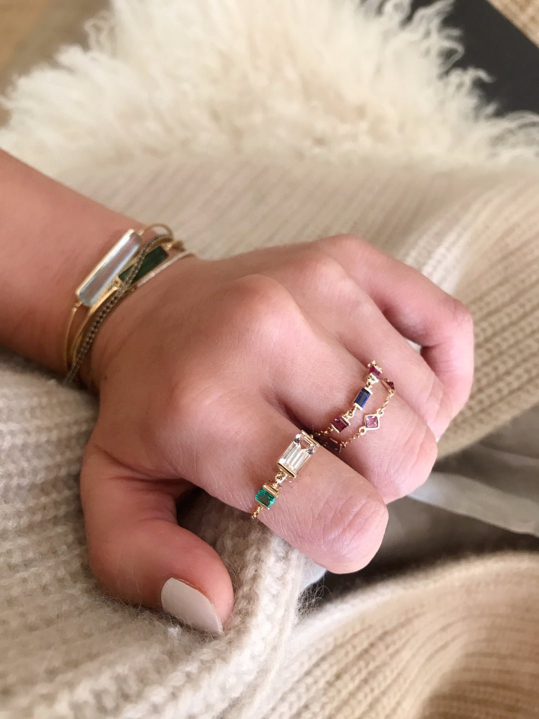 Morganite & Emerald Chain Ring 18k gold Stackable ring on model