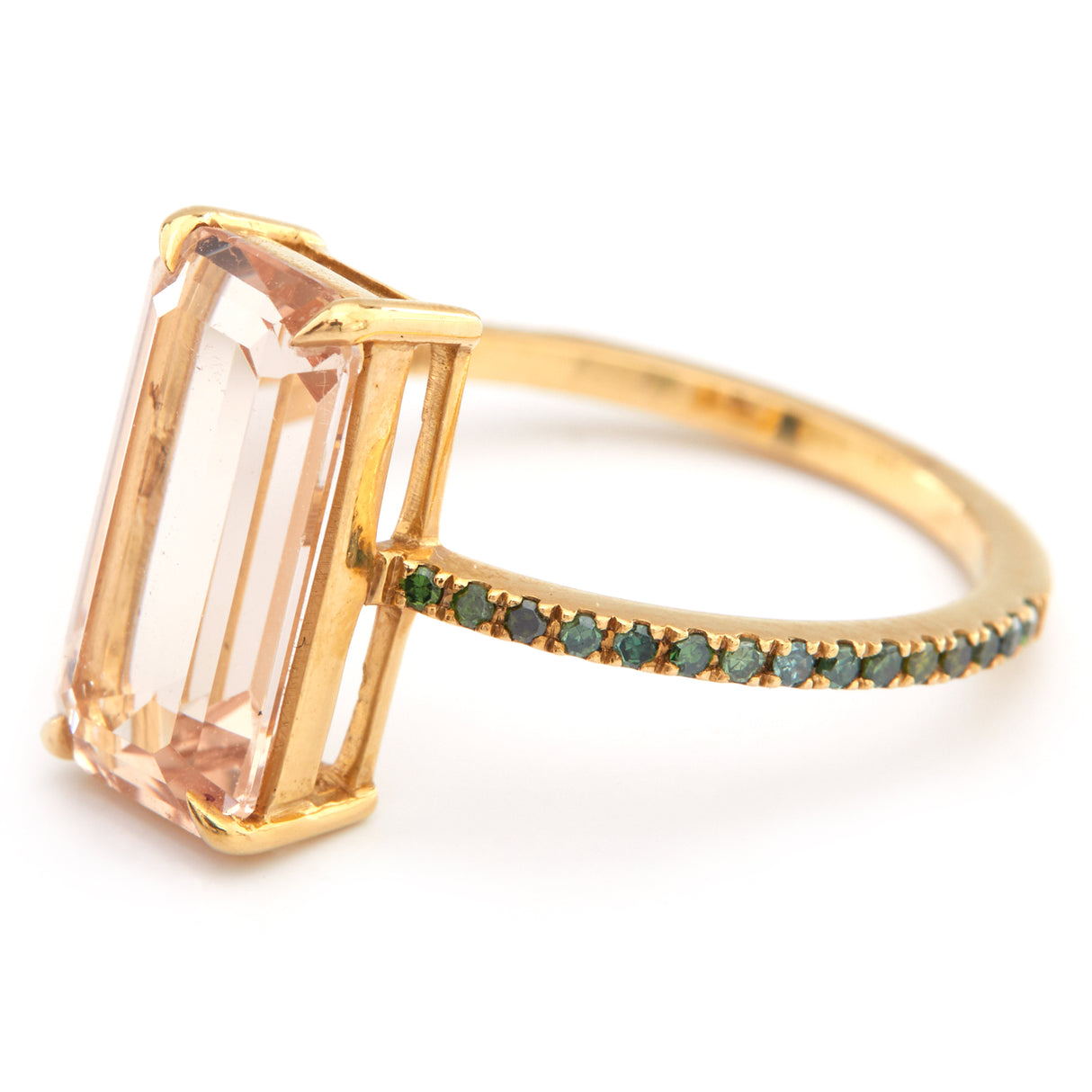 Morganite & Green Diamond Ring 18k gold stackable ring side view
