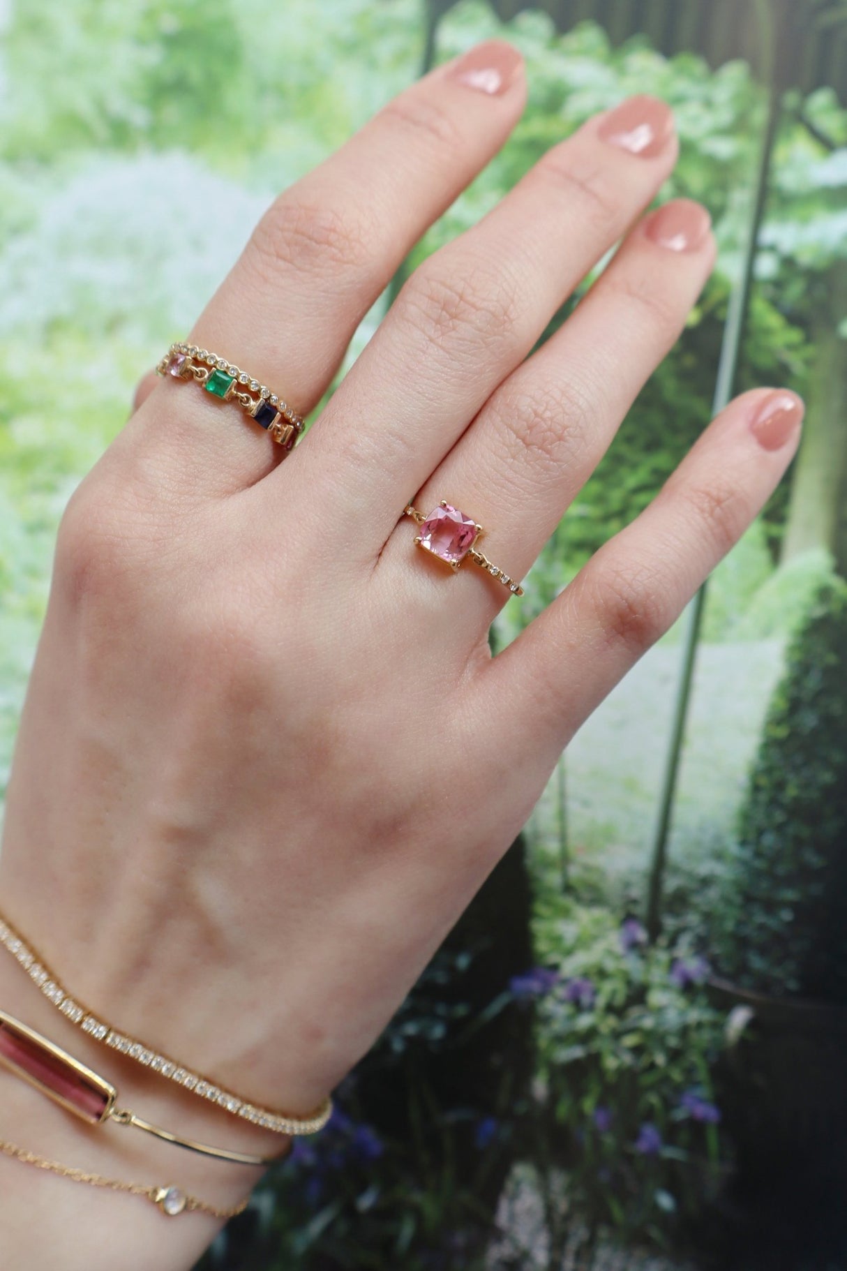 Ombre Pink Tourmaline Petite Circle Diamond Ring 18K Stackable ring on model