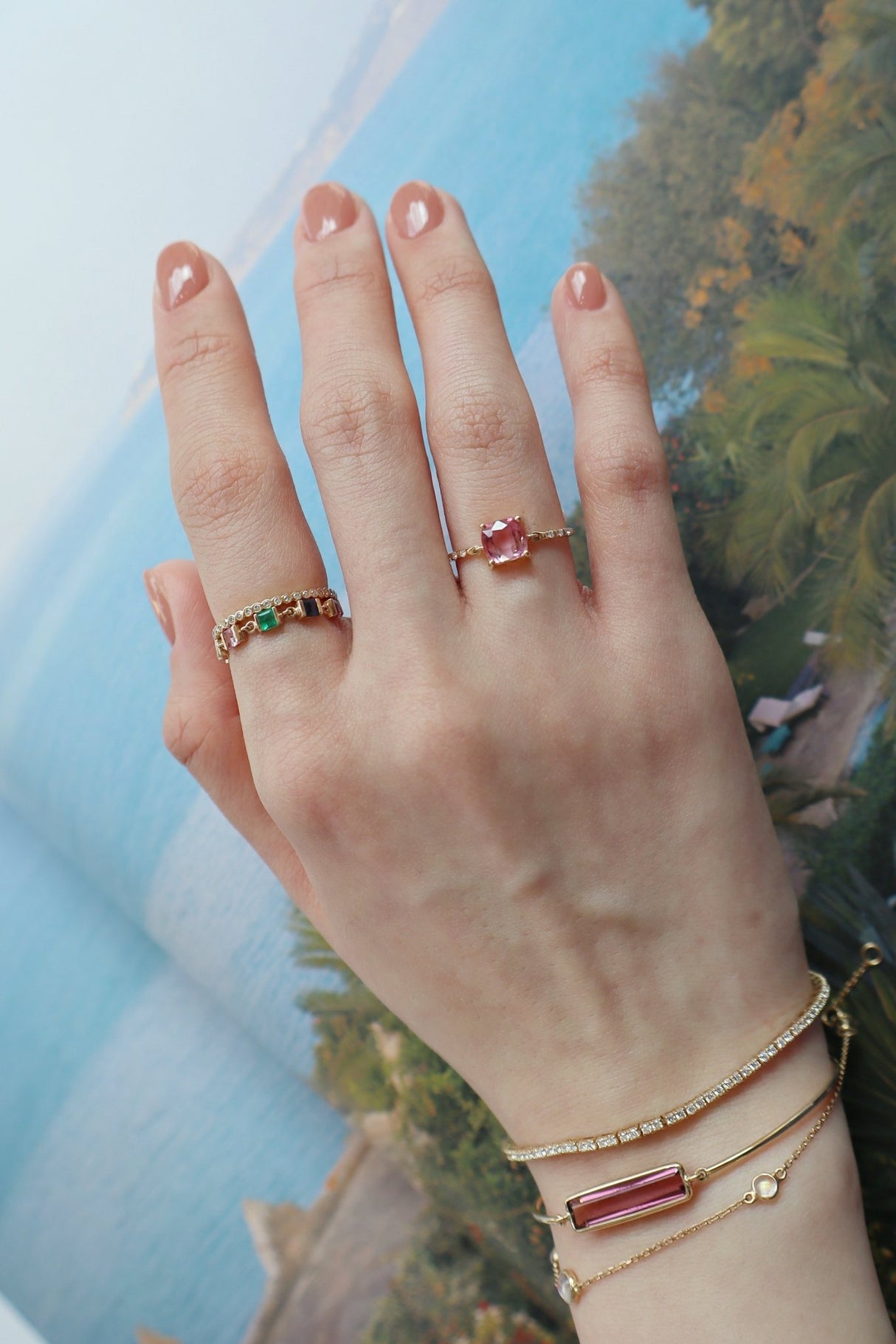 Ombre Pink Tourmaline Petite Circle Diamond Ring 18K Stackable ring on model 1