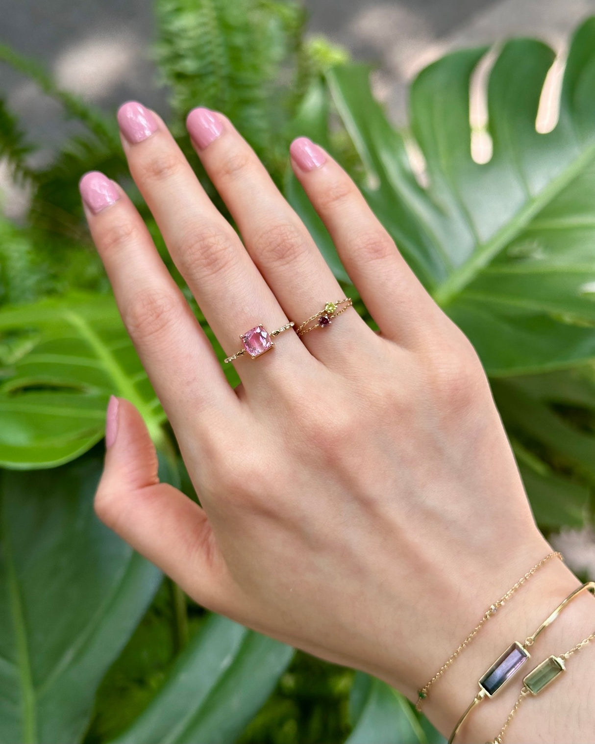 Ombre_Pink_Tourmaline_Petite_Circle_Diamond_Ring_18K_gold_Stackable_ring_on_model