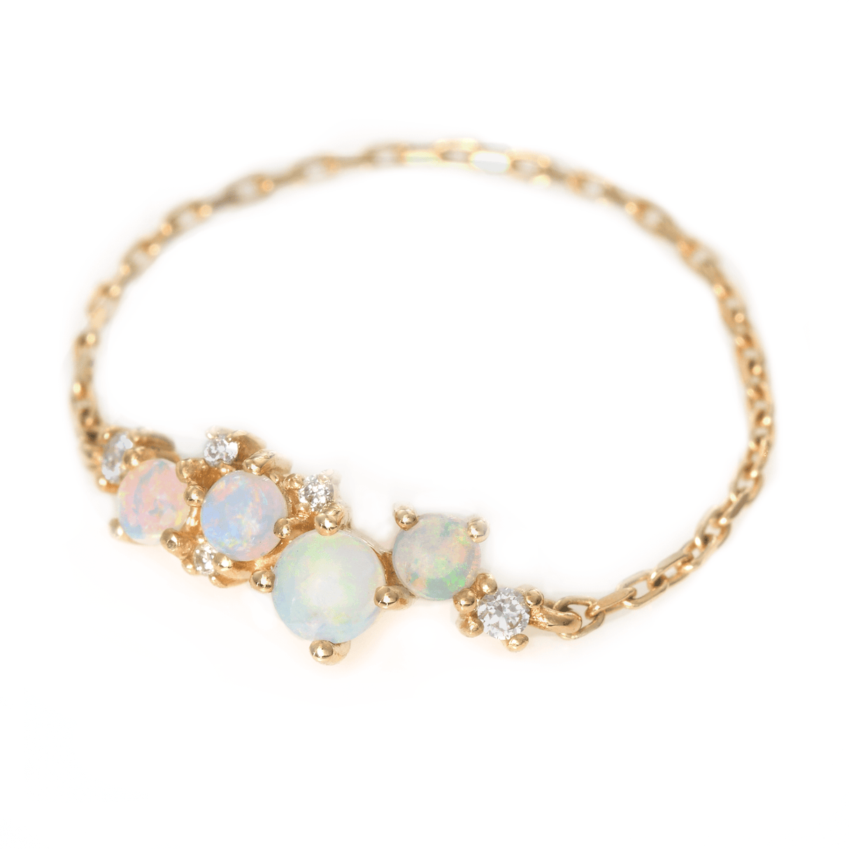 Opal & Diamond Cluster Chain Ring 14k gold Stackable ring side view