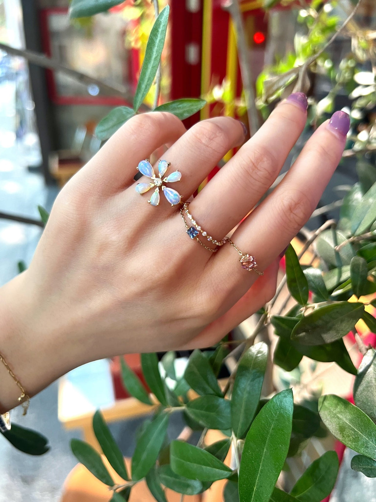 Opal & Diamond Flora Ring 18k gold Stackable ring on model