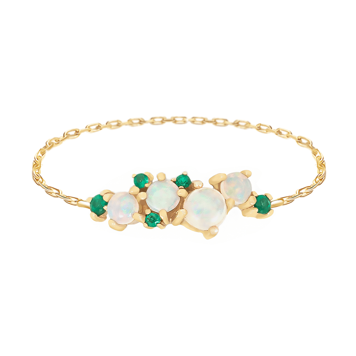 Opal & Emerald Cluster Chain Ring 14k gold Stackable ring