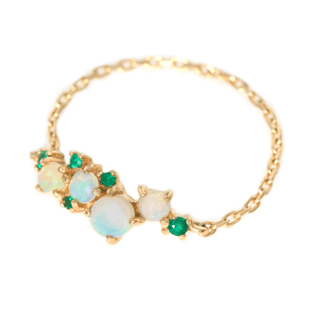 Opal & Emerald Cluster Chain Ring 14k gold Stackable ring side view