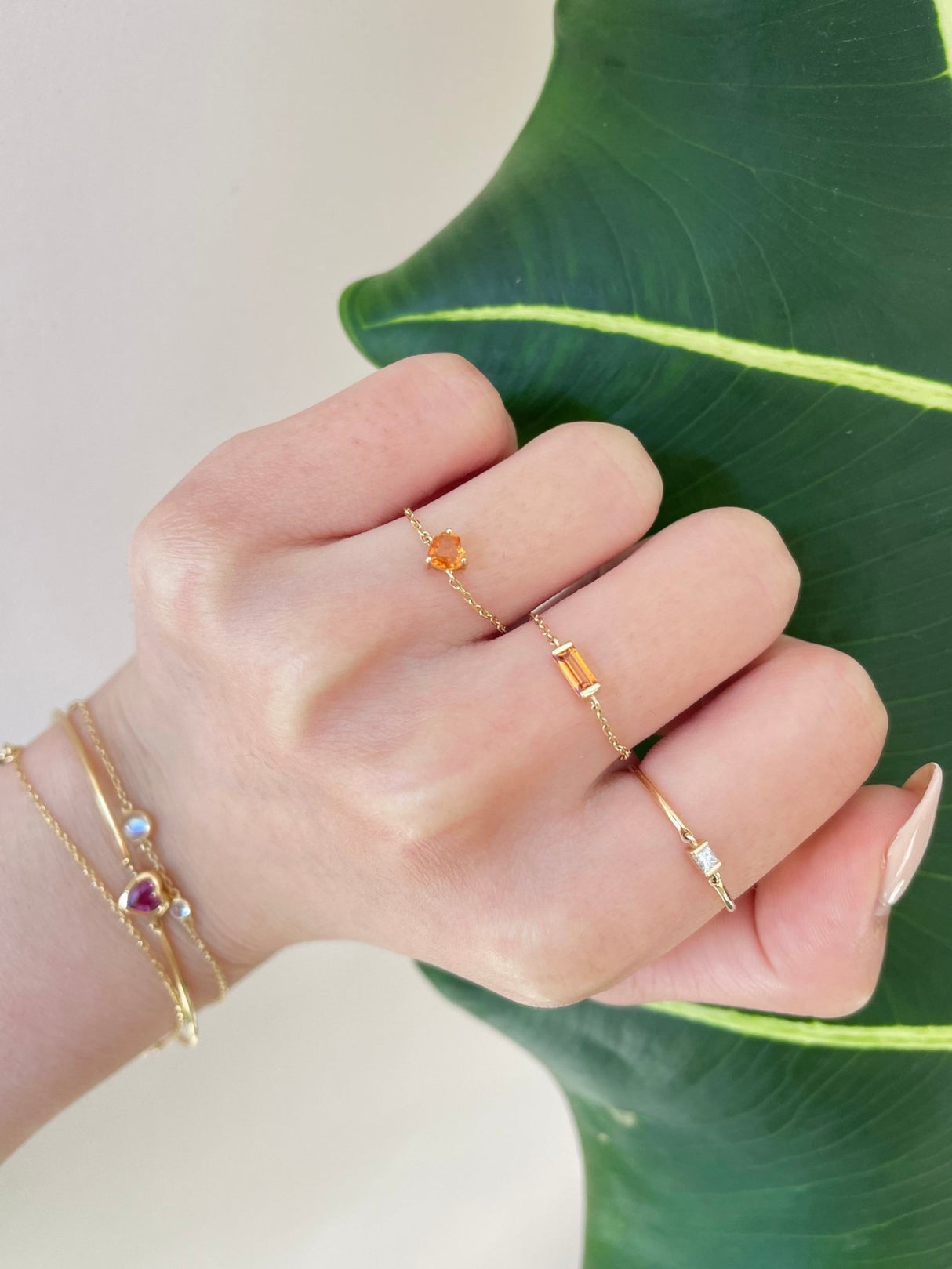 Orange Sapphire Heart Chain Ring 14k gold Stackable ring on model