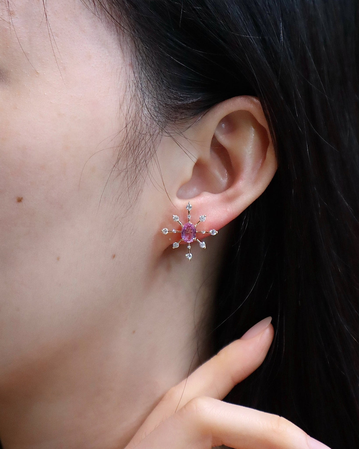 Oval_Pink_Sapphire_Diamond_Starburst_Earrings_18K_gold_handmade_fine_jewelry_on_model_2