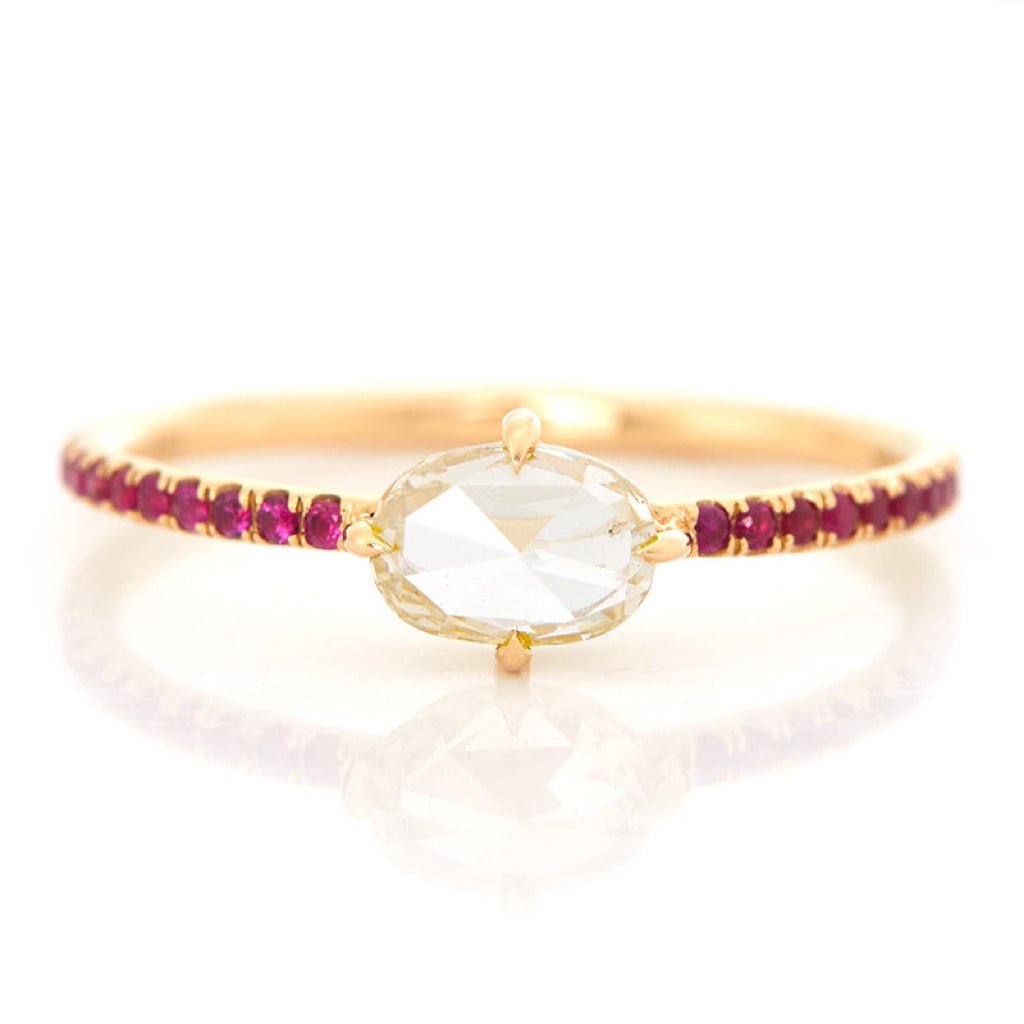 Oval Rose Cut Diamond & Ruby Disco Ring 18k gold engagement ring
