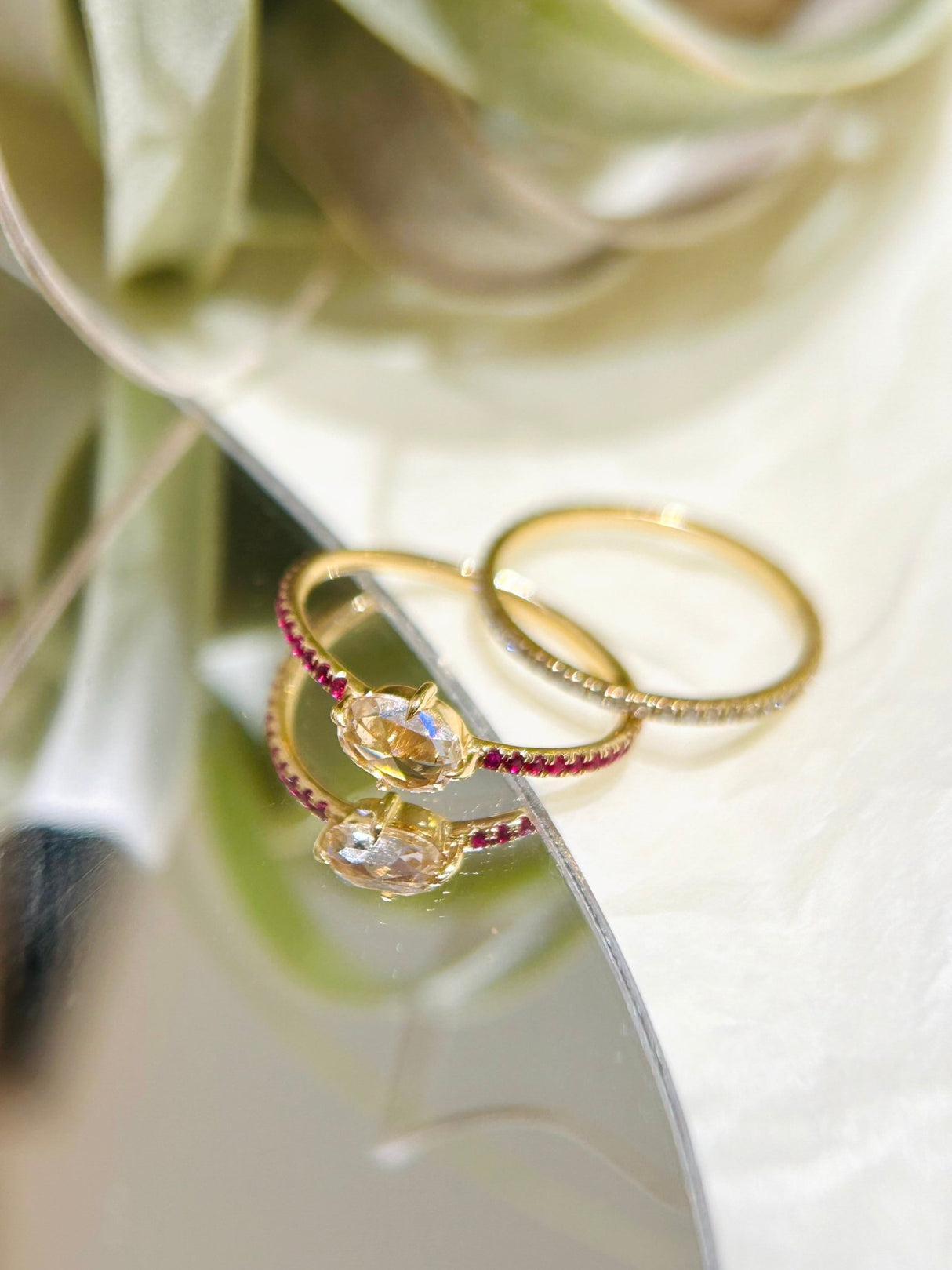 Oval Rose Cut Diamond & Ruby Disco Ring 18k gold engagement ring