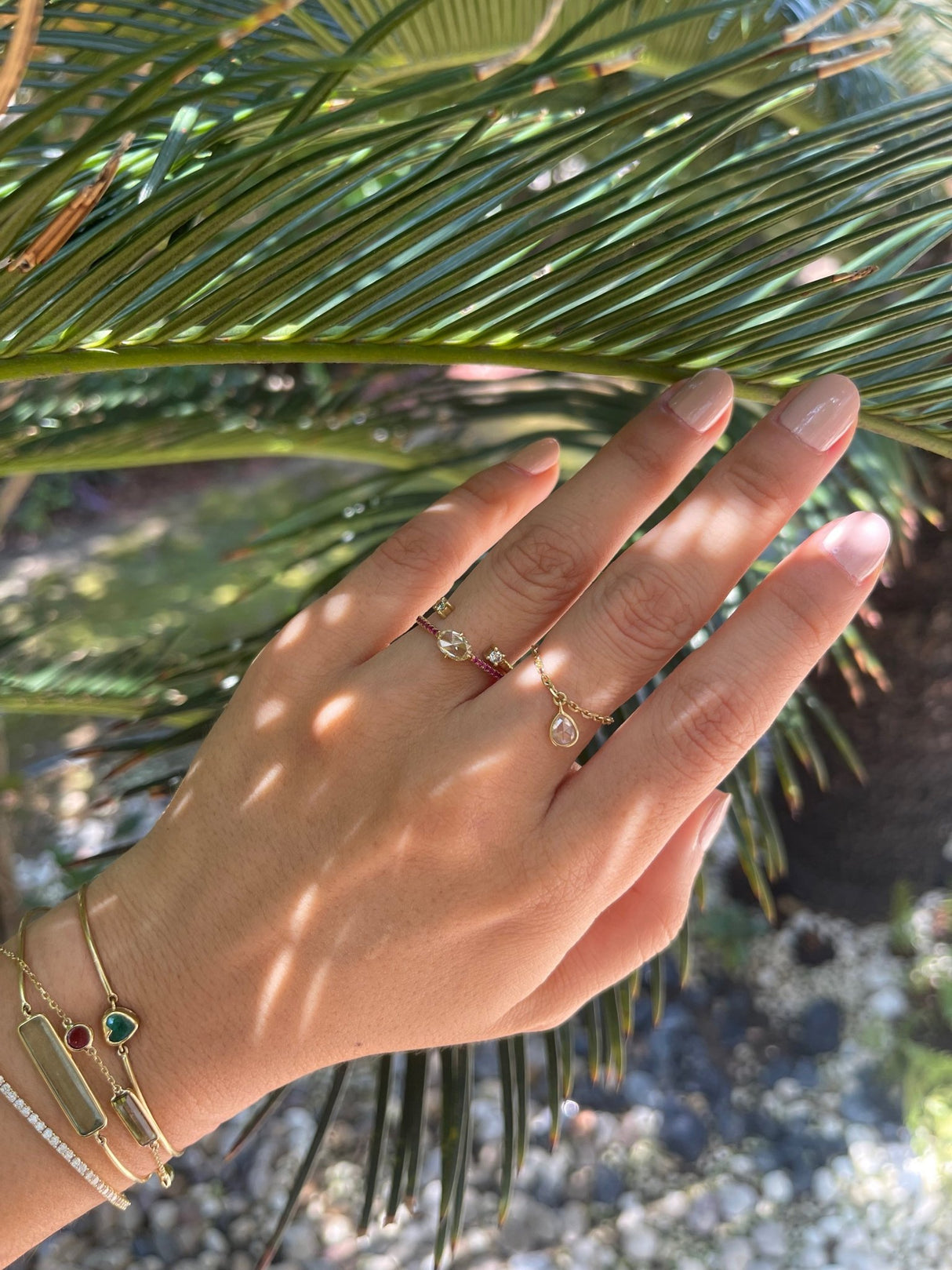 Oval Rose Cut Diamond & Ruby Disco Ring 18k gold engagement ring on model