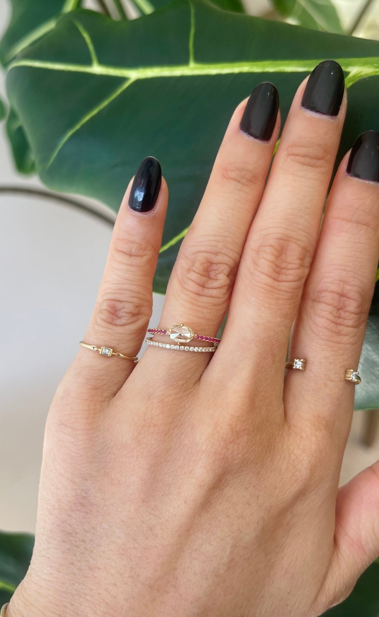 Oval Rose Cut Diamond & Ruby Disco Ring 18k gold engagement ring on model