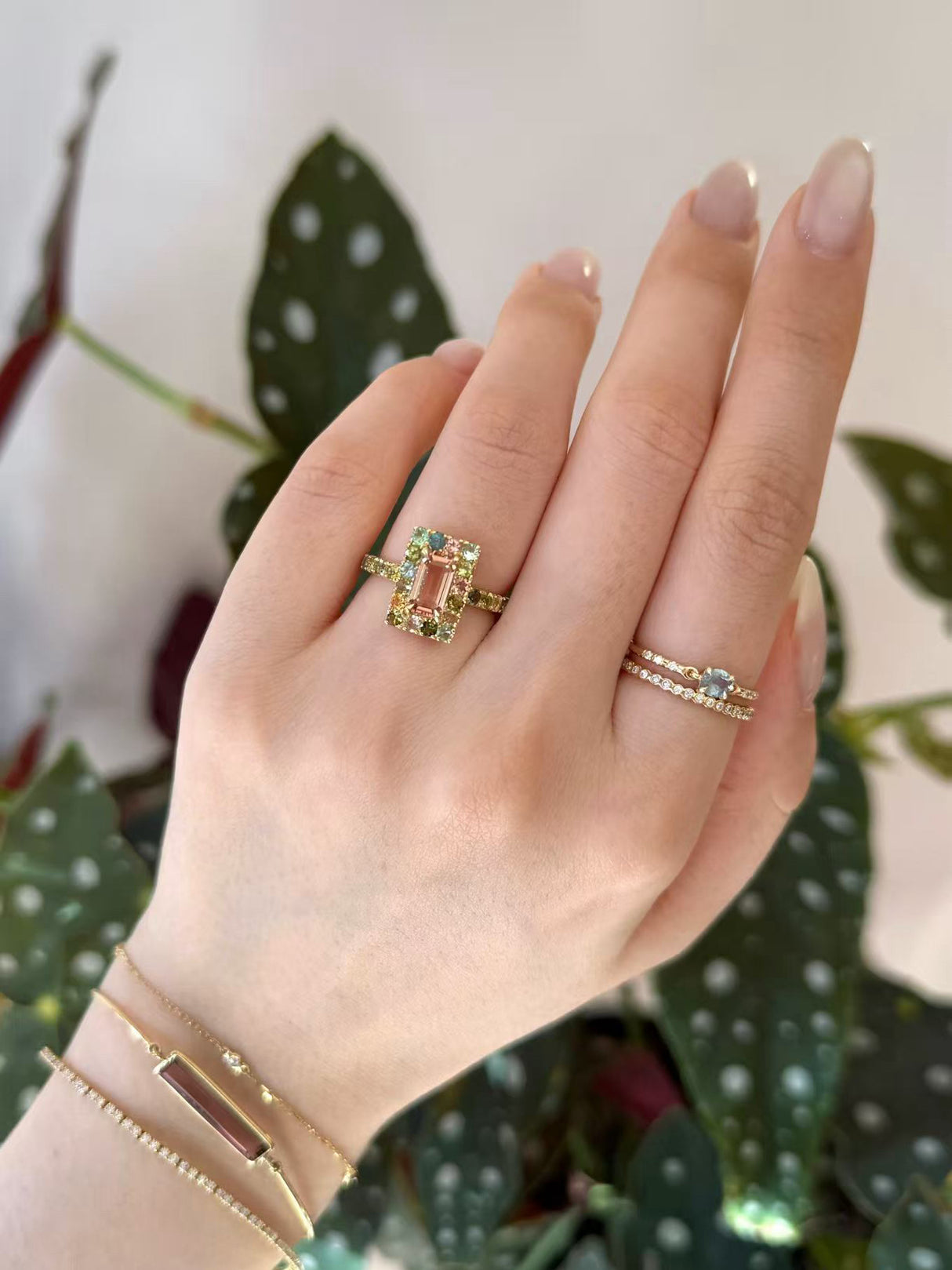 Peach Tourmaline Candy Ring 18k gold engagement ring on model