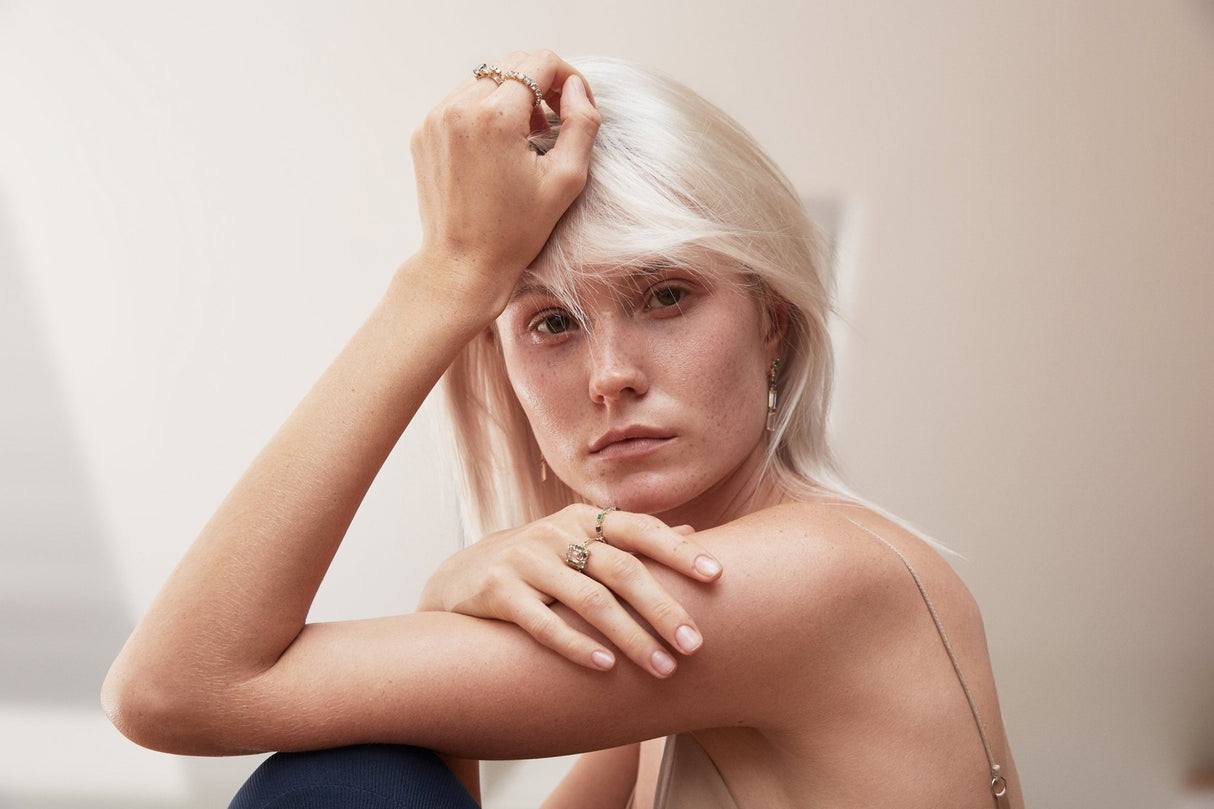 Peach Tourmaline Candy Ring 18k gold stackable ring on model 2