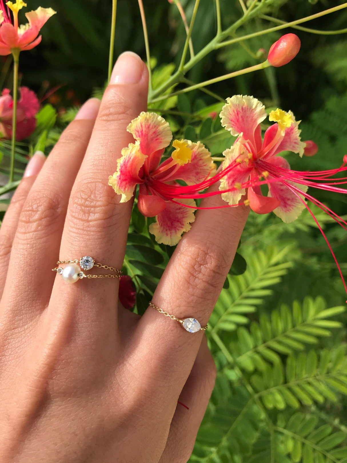 Pearl & Diamond Chain Ring 14k gold Stackable ring on model