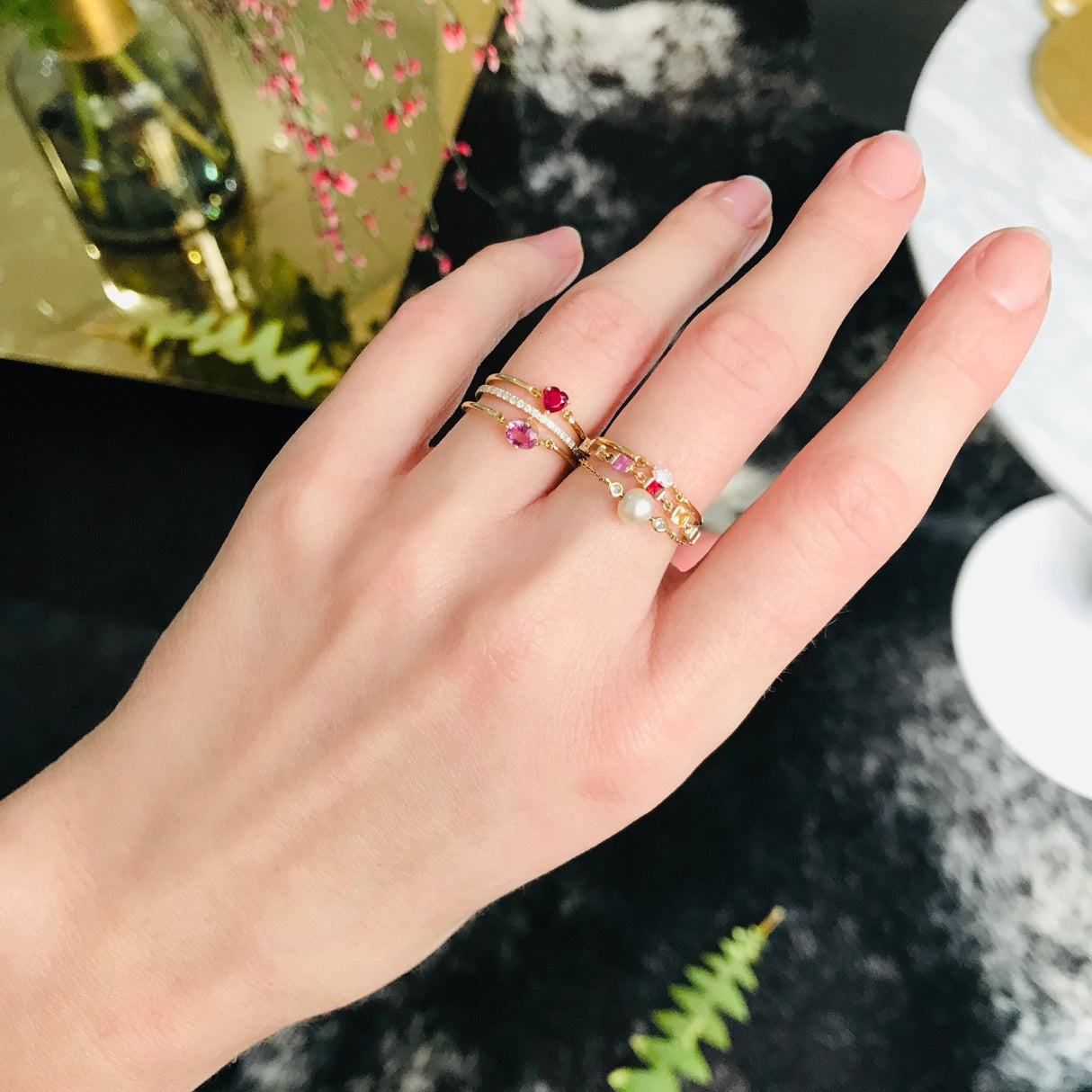 Pearl & Diamond Chain Ring 14k gold Stackable ring on model