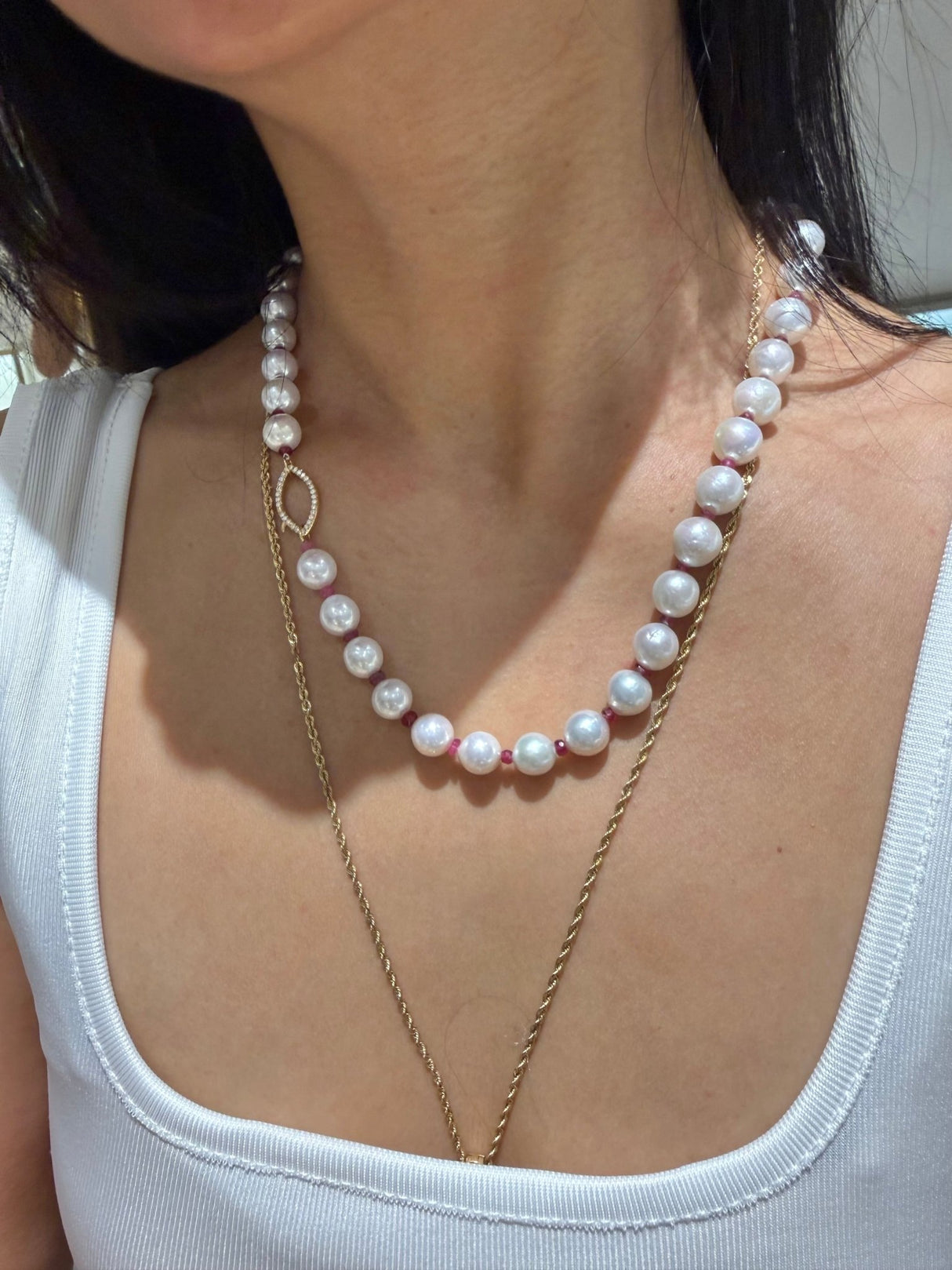 Pearl & Ruby Persephone Necklace handmade fine jewelry on model 1