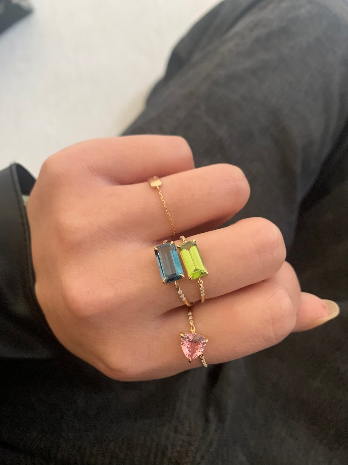 Peridot Petite Diamond Circle Ring 18k gold stackable ring on model 2