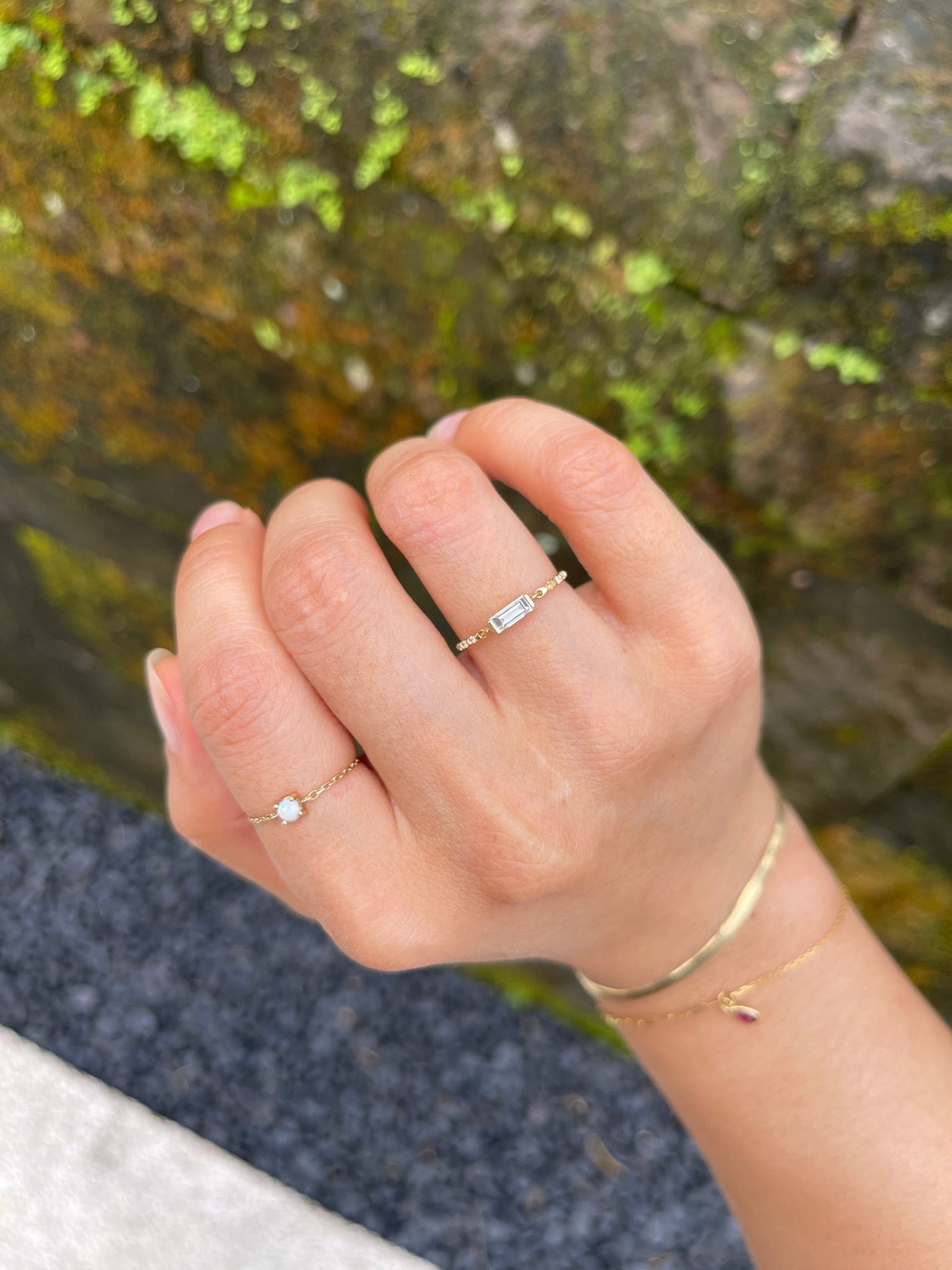 Petite Circle Diamond Baguette Ring 18k gold stackable ring on model