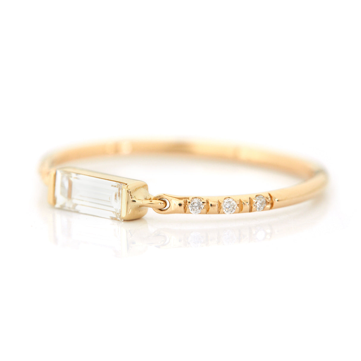 Petite Circle Diamond Baguette Ring 18k gold stackable ring side view