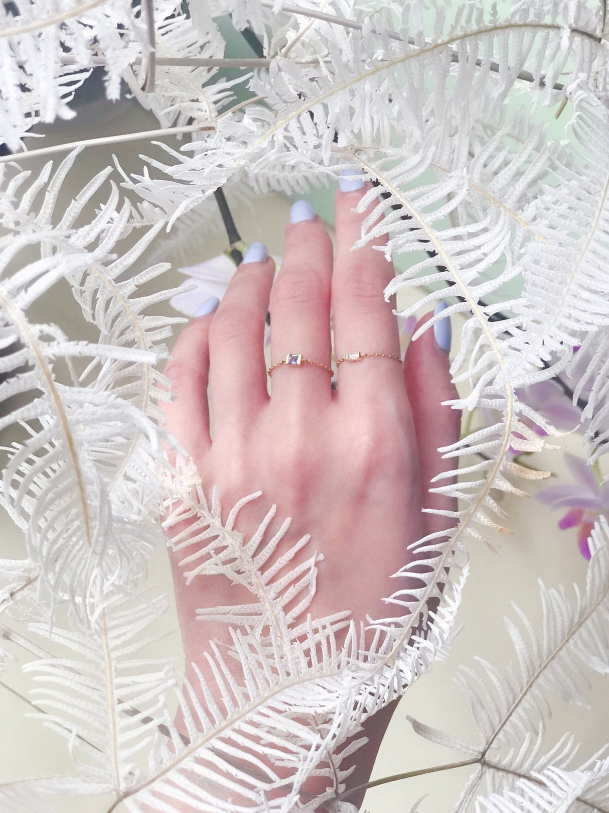 Petite Diamond Baguette Chain Ring 14k gold Stackable ring on model