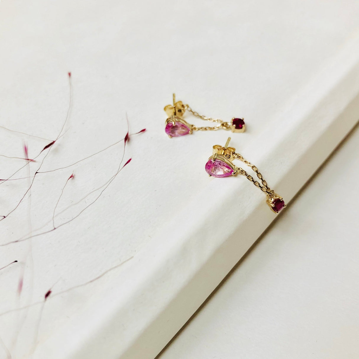 Pink Sapphire & Ruby Chain Earrings