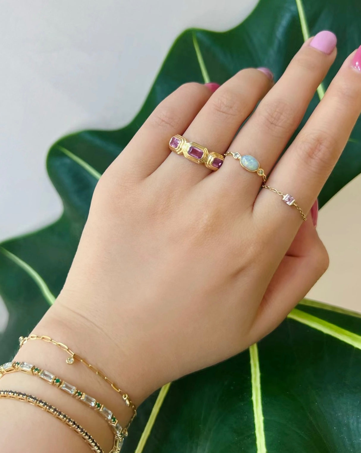 Pink Sapphire Baxter Ring 18k gold Stackable ring on model